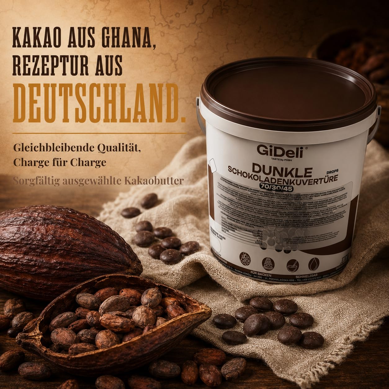 GiDeli Dunkle Schokoladenkuvertüre 70% Drops 5kg im Eimer - Professionelle Zartbitterschokolade zum Temperieren - Kakao aus Ghana - Fließfähigkeit 45 - Ideal für Torten, Pralinen & Ganache