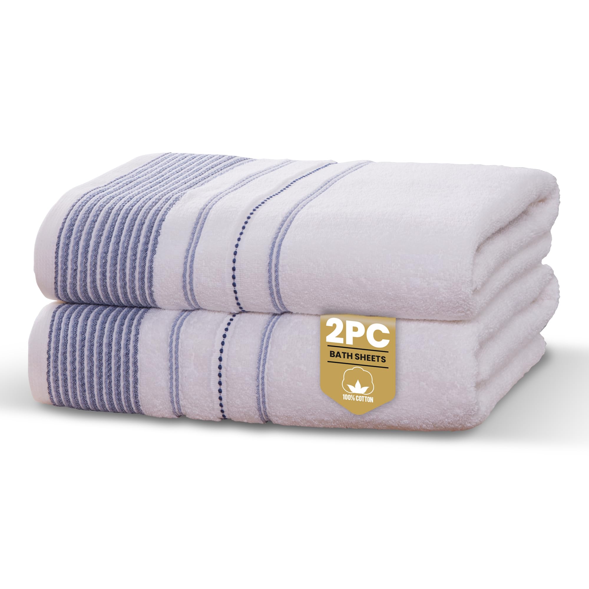 Rapport Home Dakota Stripe Bath Sheets 2 Pack | Blue 90x140cm | Luxurious 500GSM 100% Cotton | Oeko-Tex Certified Absorbent & Soft Bathroom Towels