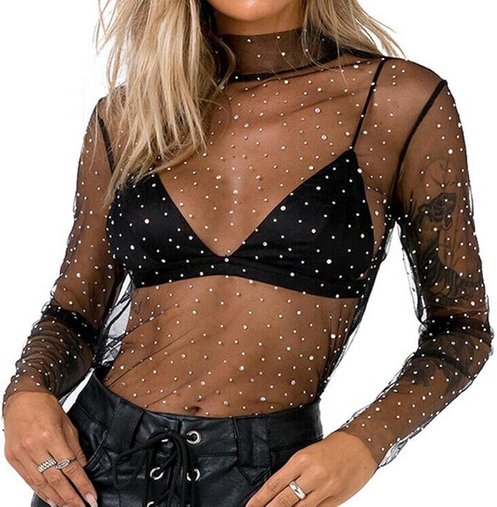 Miniatura 2 de Camisas sexys transparentes para mujer, de malla transparente, con lentejuelas, manga larga, cuello alto, blusa transparente E Gril Streetwear