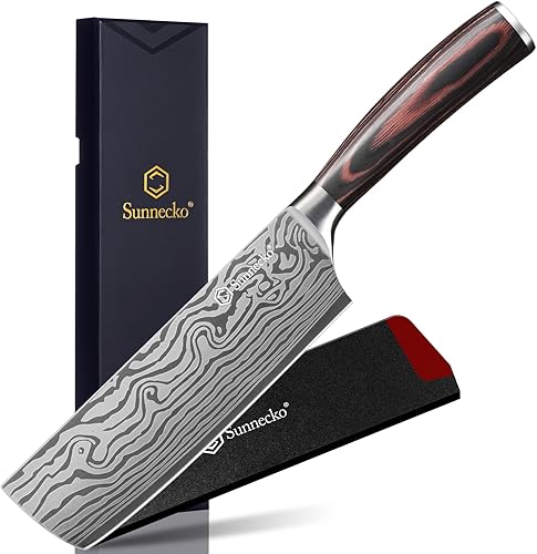 Sunnecko Nakiri - Cuchillo de acero inoxidable de alto carbono de 7 pulgadas, cuchillos de cocina ultra afilados con funda y caja de regalo para