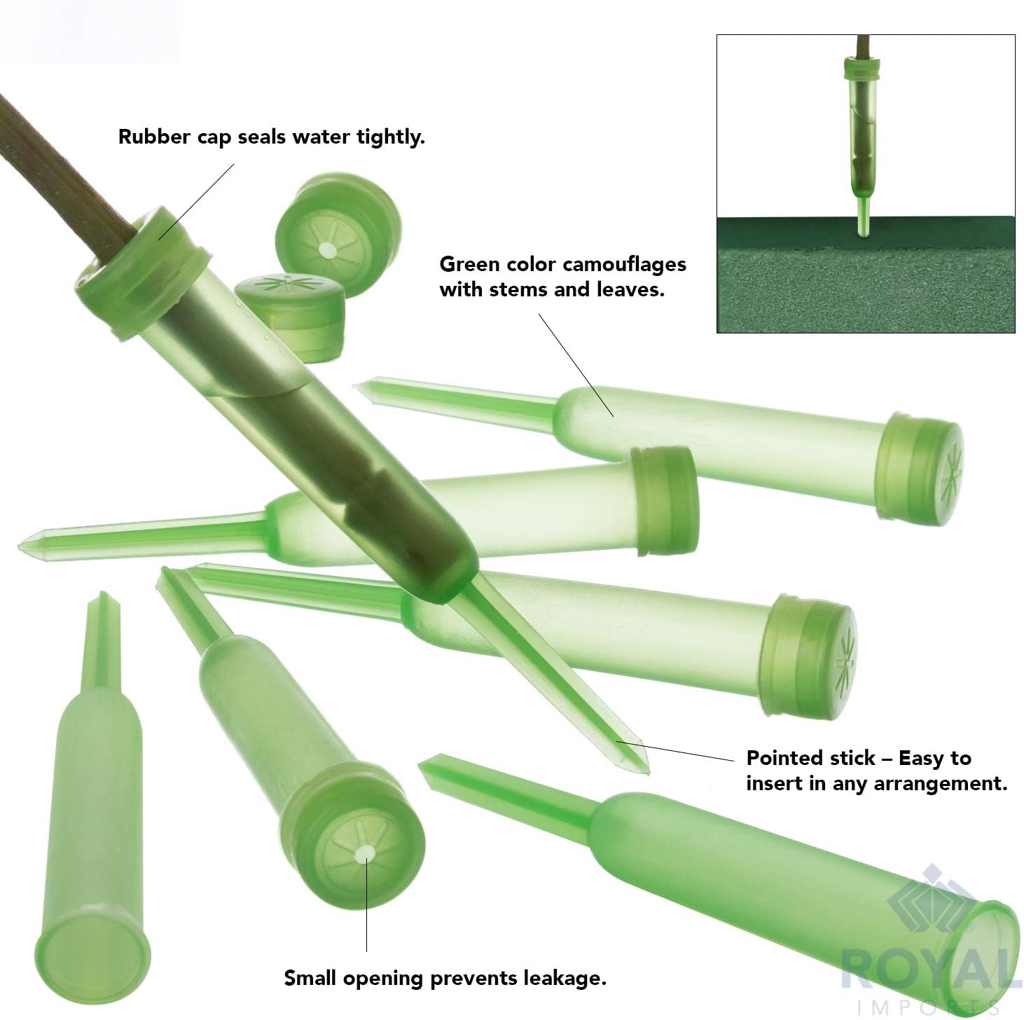 Royal Imports Floral Water Tubes with Caps – 4.5" Green Plastic Flower Vials for Single Stem Roses, Buds, Bouquets – Standard Style, 1/2" Opening – 100 Pack