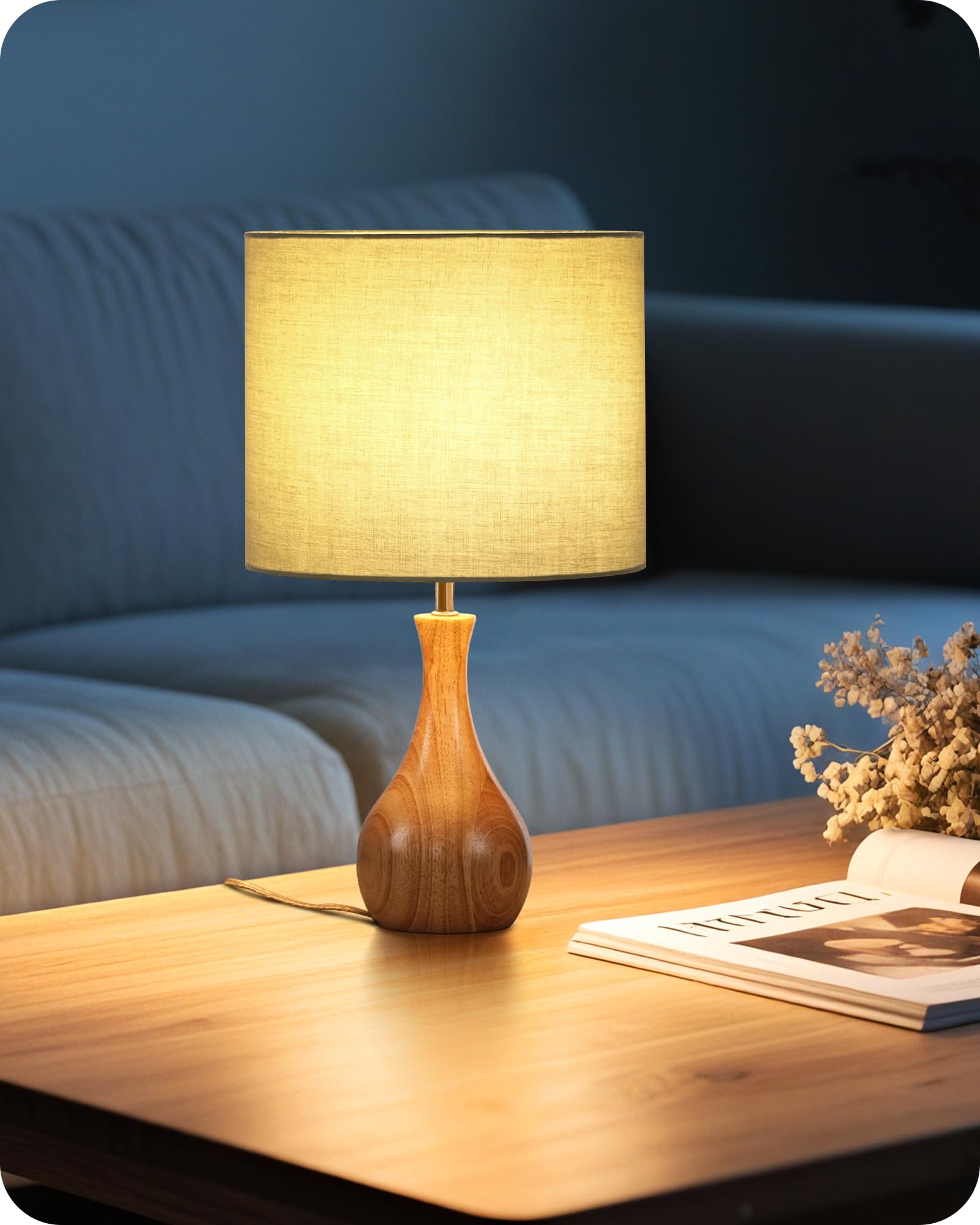 Lámpara de Mesita de Noche de Madera Verde | Maciza con Base en Forma de Botella, Pantalla de Lino, Incluye una Bombilla LED 2700K, para Sala de Estar, Dormitorio