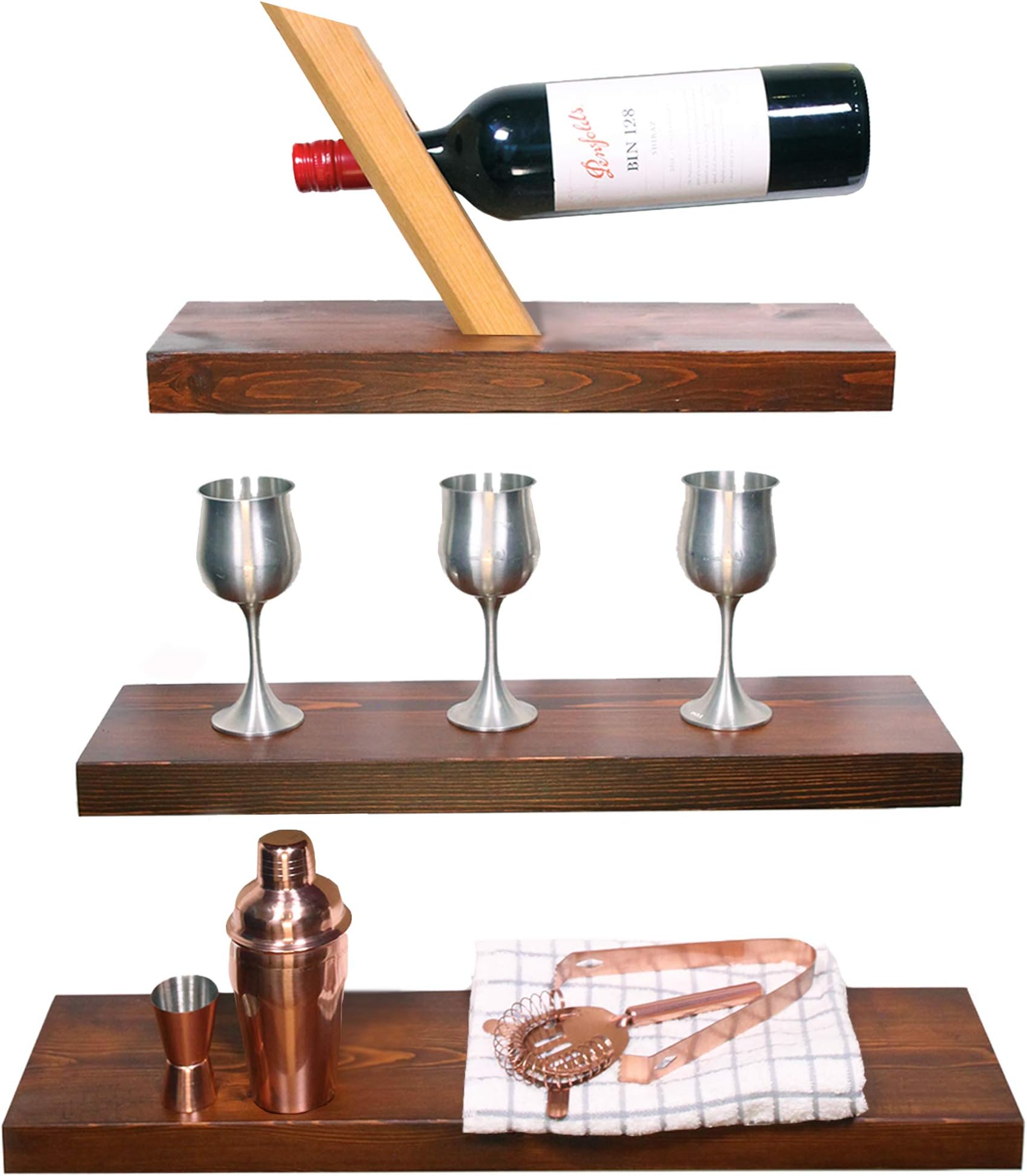 Modern Cottage Floating Shelves Wood with Rustic Walnut Varnish, Set of 3 Thick Wooden Shelves Wall Mounted, Perfect for Bedroom, Bathroom or Kitchen, Sized 24" + 20" + 16" Inches