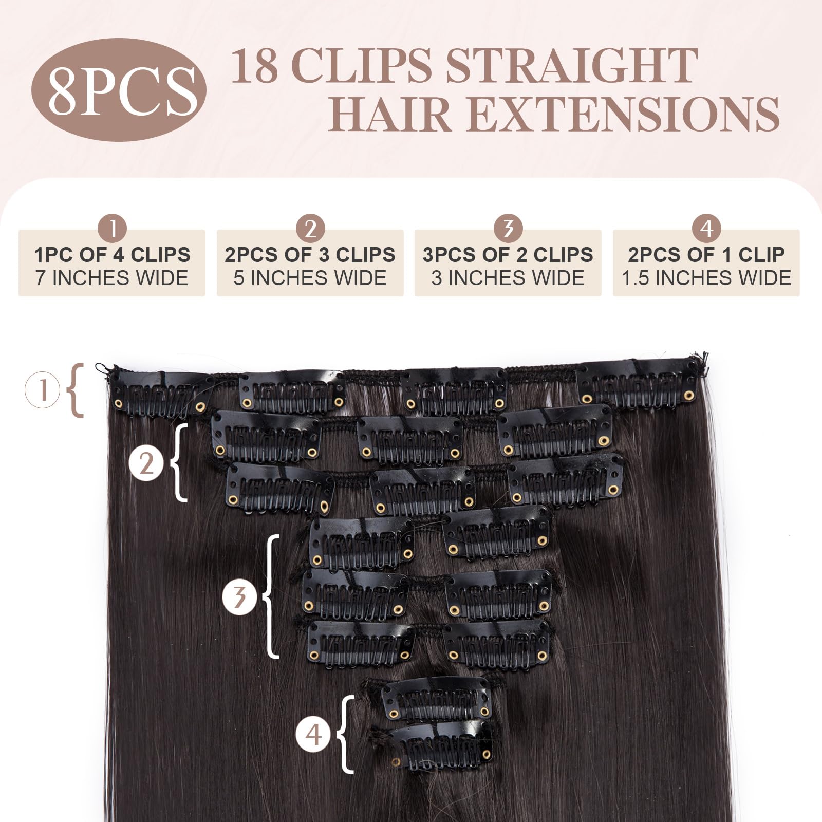 SEGOHAIR Hair Extensions Clip in 8Pcs 18 Clips Synthetic Fiber Seamless 26" Long Straight Full Head -Dark Brown to Ash Blond - Image 2