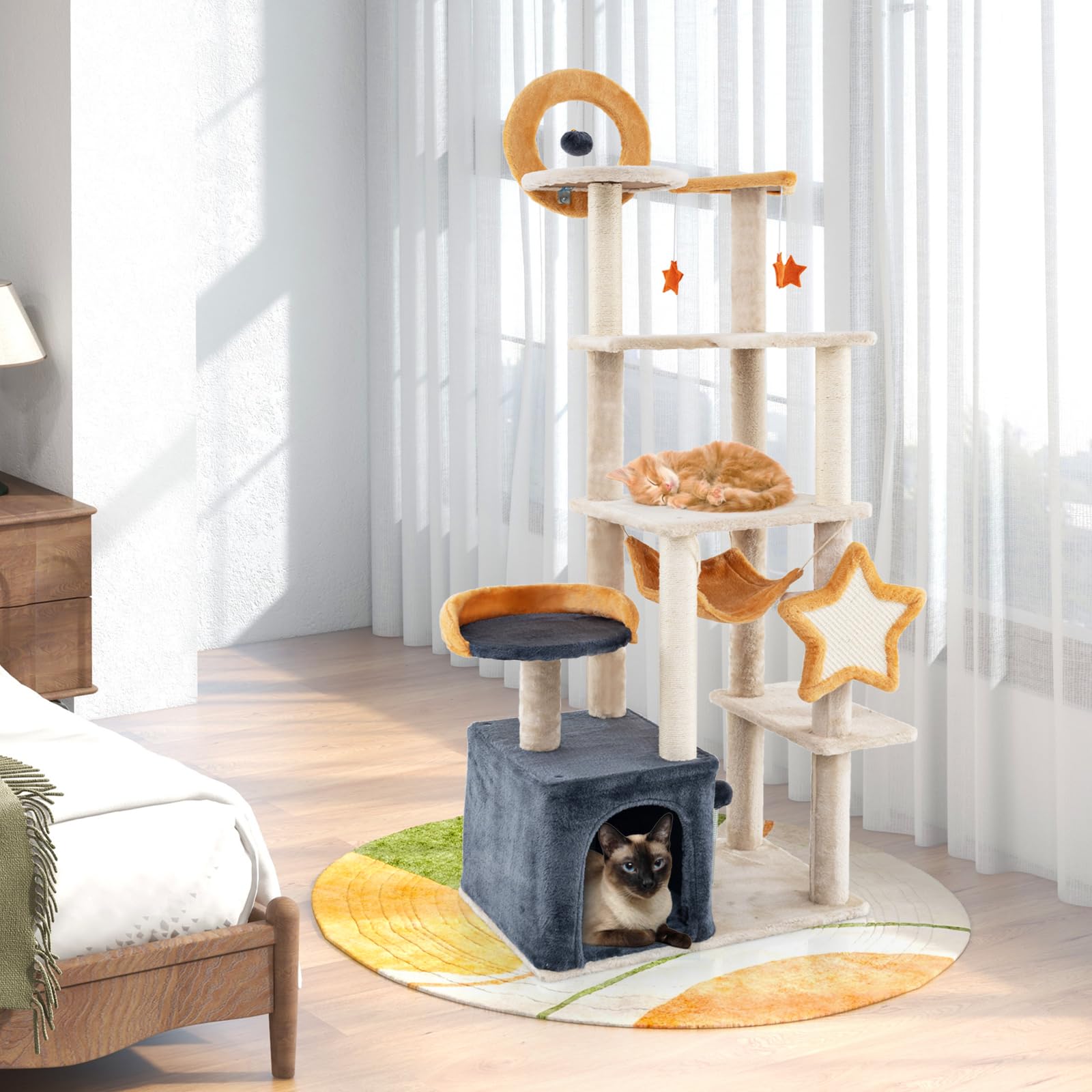 COSTWAY Árbol Rascador para Gatos, Altura 160cm, Rascador para Gatos de Varios Niveles con Postes de Sisal y Tablero, Condo, Plataforma y Perchas, Juguetes Colgantes, Tela de Felpa, Torre para Gatitos