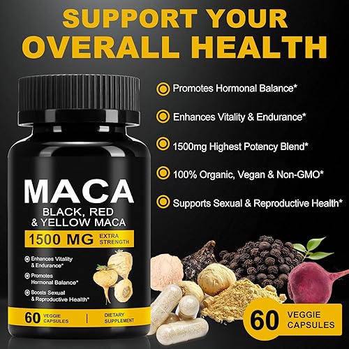 Miniatura 3 de Cápsulas de polvo de raíz de maca orgánica de 1500 mg con suplemento de extracto de raíz de maca peruana negra + roja + amarilla para hombres y