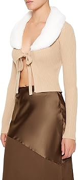 Forever 21 Women's Faux Fur-Trim Cardigan Sweater Tan/White X