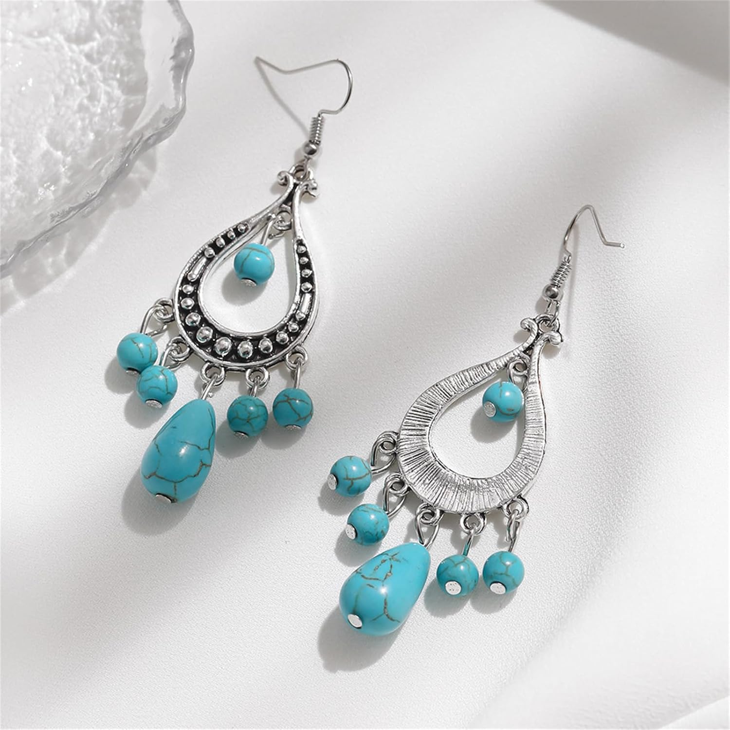 coadipress Bohemian Turquoise Beaded Tassel Earring for Women Ethnic Chandelier Boho Beads Earrings Hollow Out Turquoise Beaded Statement Earrings Ethnic Style Jewelry Gifts - Image 3