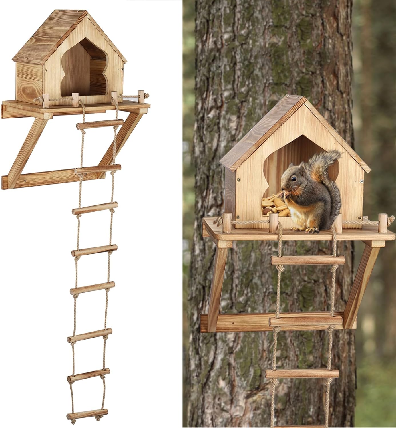 Funny Squirrel Feeder for Outside with Ladder, Wall and Tree Mounted, Backyard Garden Decoration Gifts for Wildlife Lovers