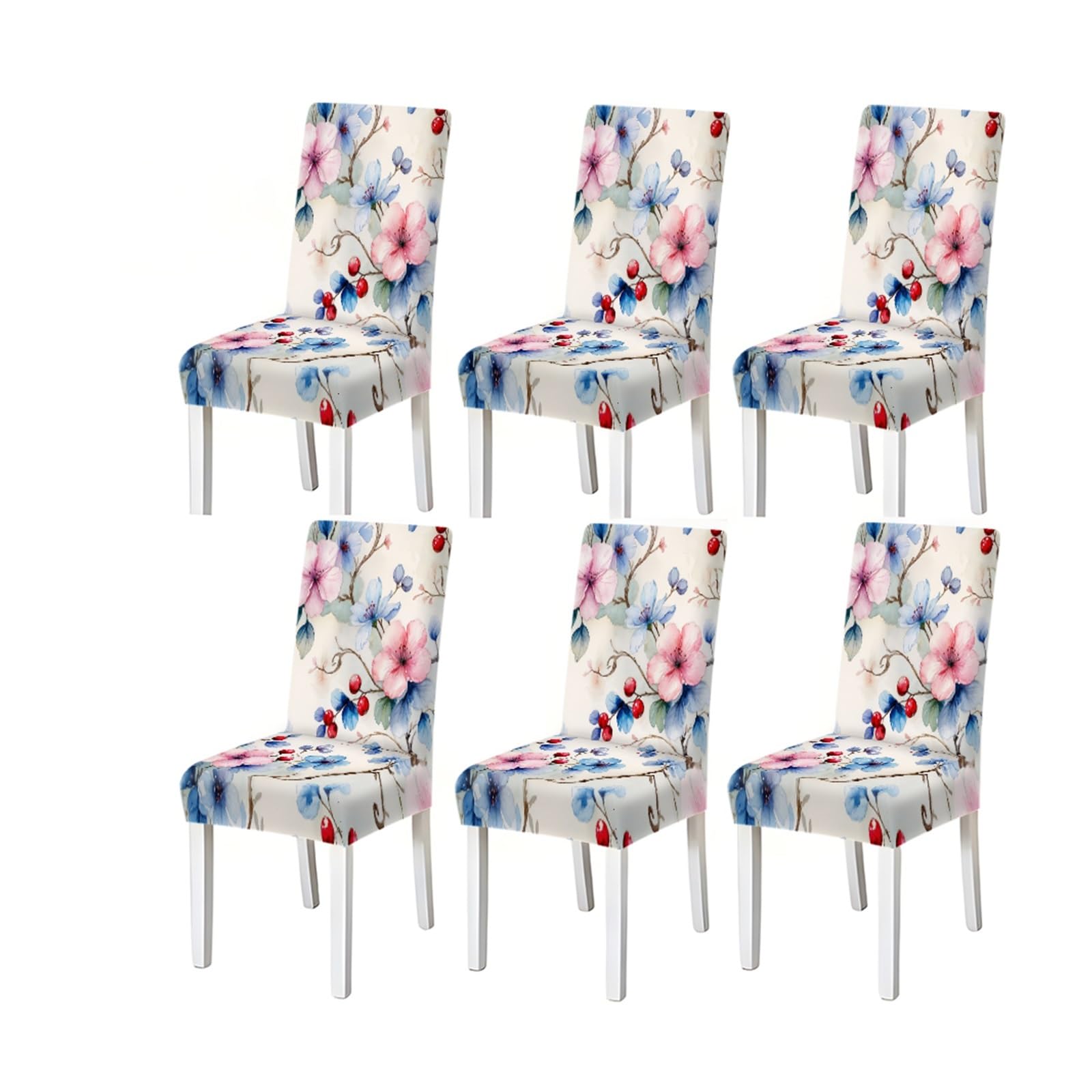 Bosuybn One Color Watercolor Pink Blue Floral Berry Pattern Print Dining Chair Covers Set Of 2/4/6, Stretch Slipcovers For Kitchen Dining Room Furniture Protectors For Home Dining Room(6Pcschair Cover)
