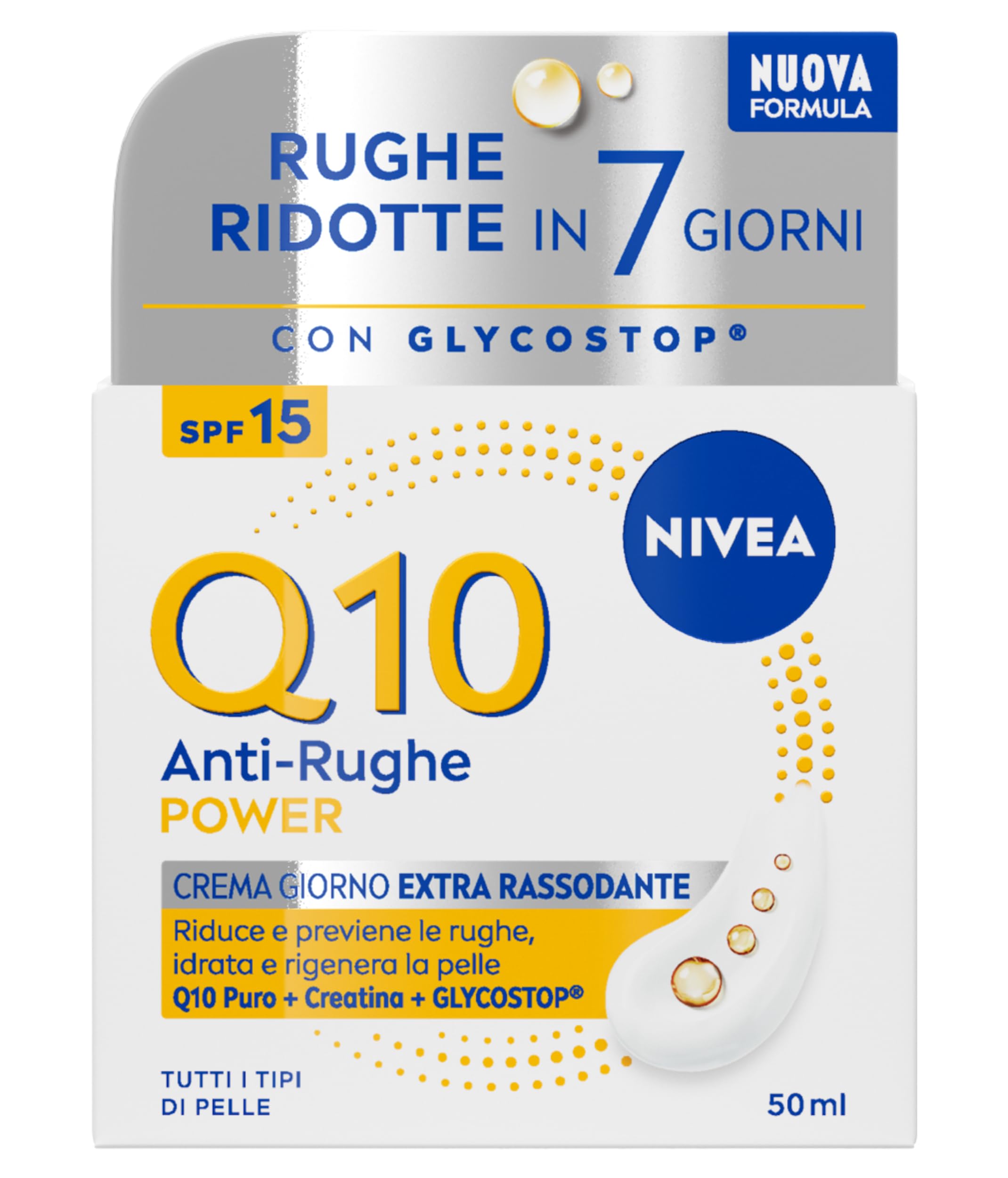 NIVEA Q10 Anti-​Rughe Power Crema Giorno Extra Rassodante SPF15 50 ml, Crema viso antirughe e idratante con Coenzima Q10, Creatina e Glycostop, Skincare ad assorbimento rapido per tutti i tipi di pelle