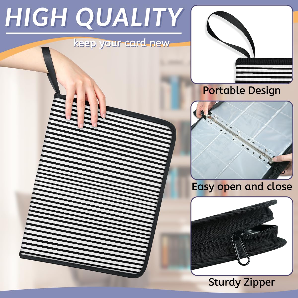 Raccoglitore per carte con 9 tasche, 900 tasche, con chiusura a cerniera (motivo a righe bianche e nere)