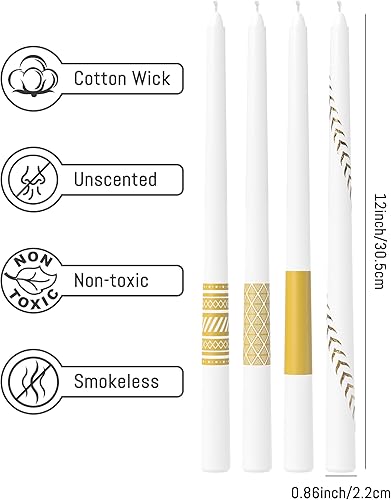 Miniatura 6 de Velas cónicas blancas de 12 pulgadas con hoja dorada, vela cónica sin goteo hasta 9 horas + tiempo de combustión, sin perfume y sin humo, regalo