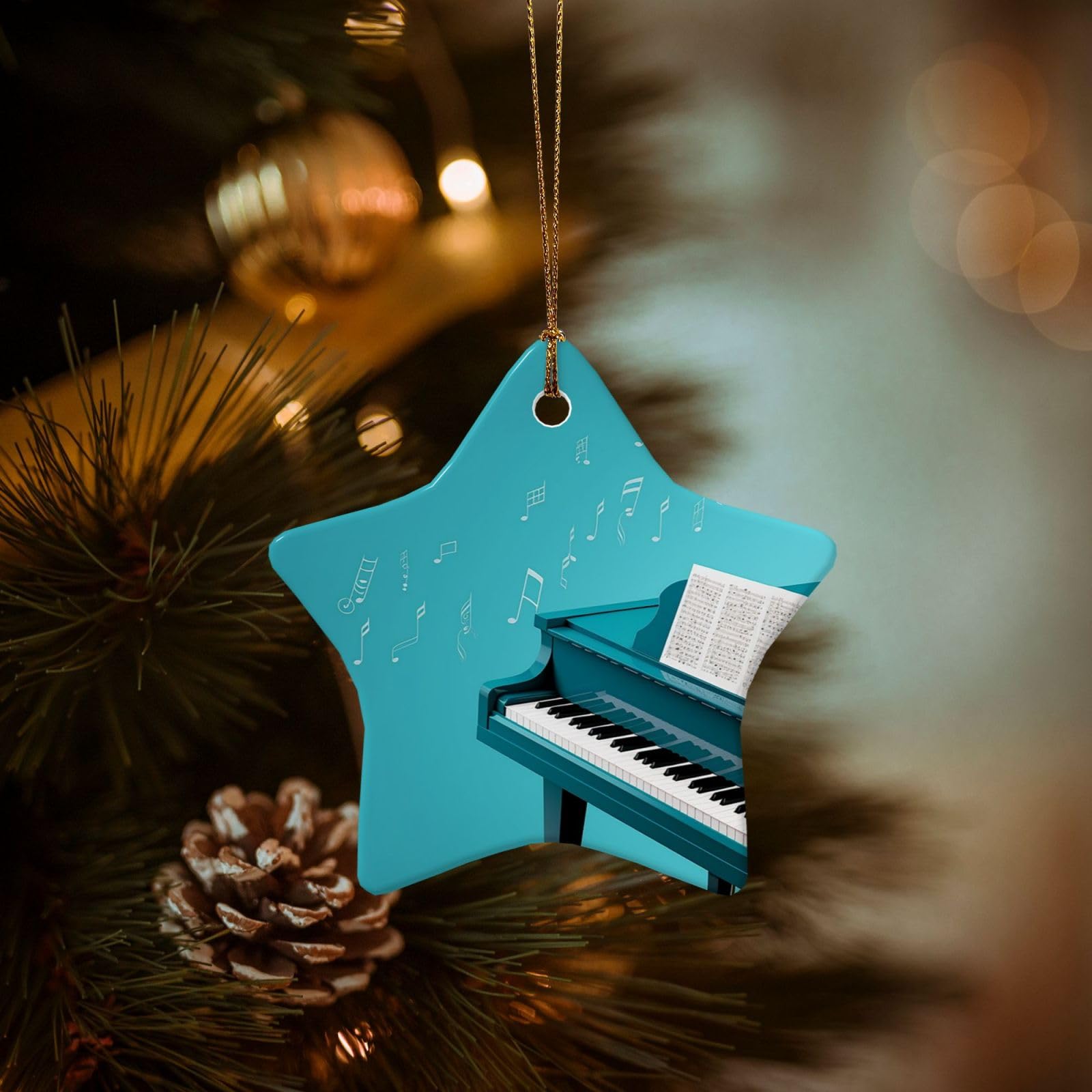 Christmas Tree Ornaments Ceramics Christmas Decorations Piano on Blue Background Ornaments with Gold Ribbon Porcelain Xmas Tree Crafts Star Shape Hanging Pendant for Christmas Tree Party Decor