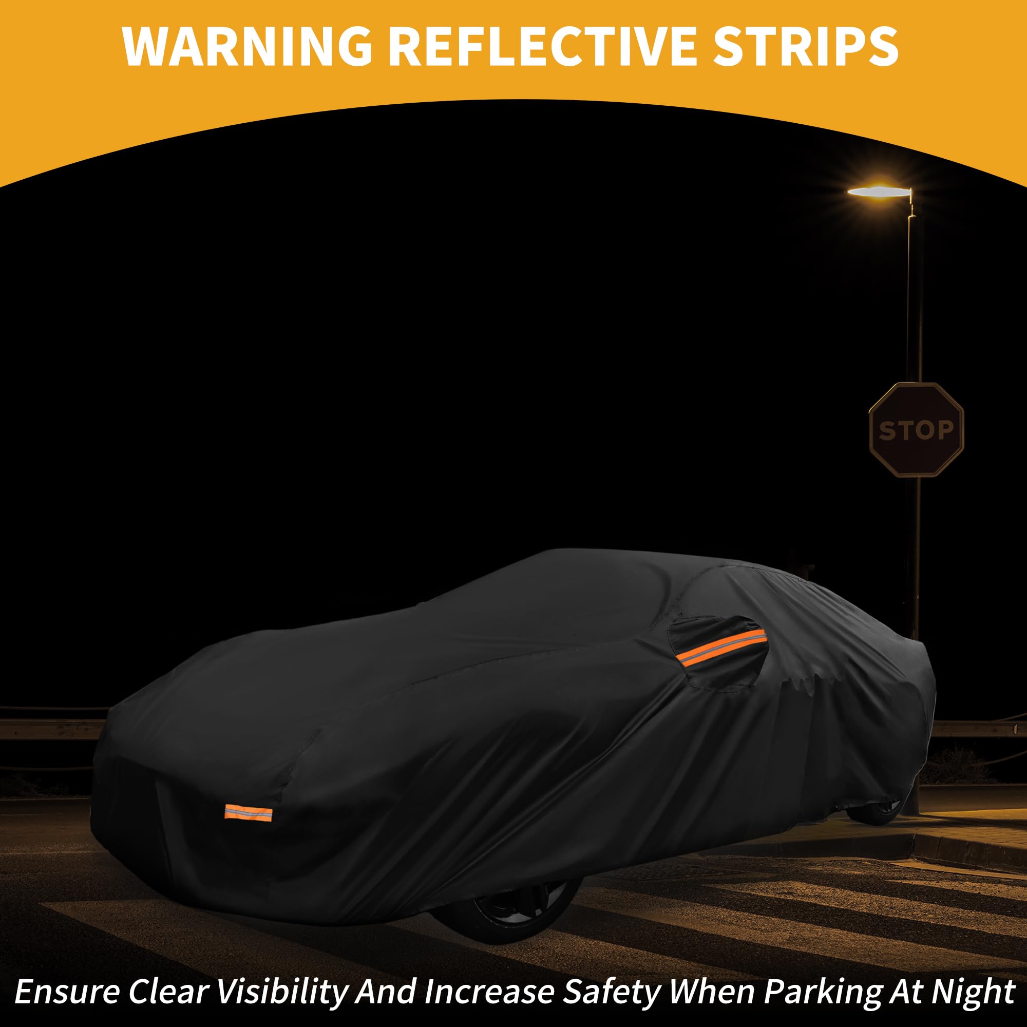 Housse De Voiture Étanche Toutes Saisons pour Porsche 718 1Pc | Noir, 210D-PU, 445x180x110cm, Protection UV, Pluie, Soleil, Bandes Réfléchissantes, Utilisation Extérieure