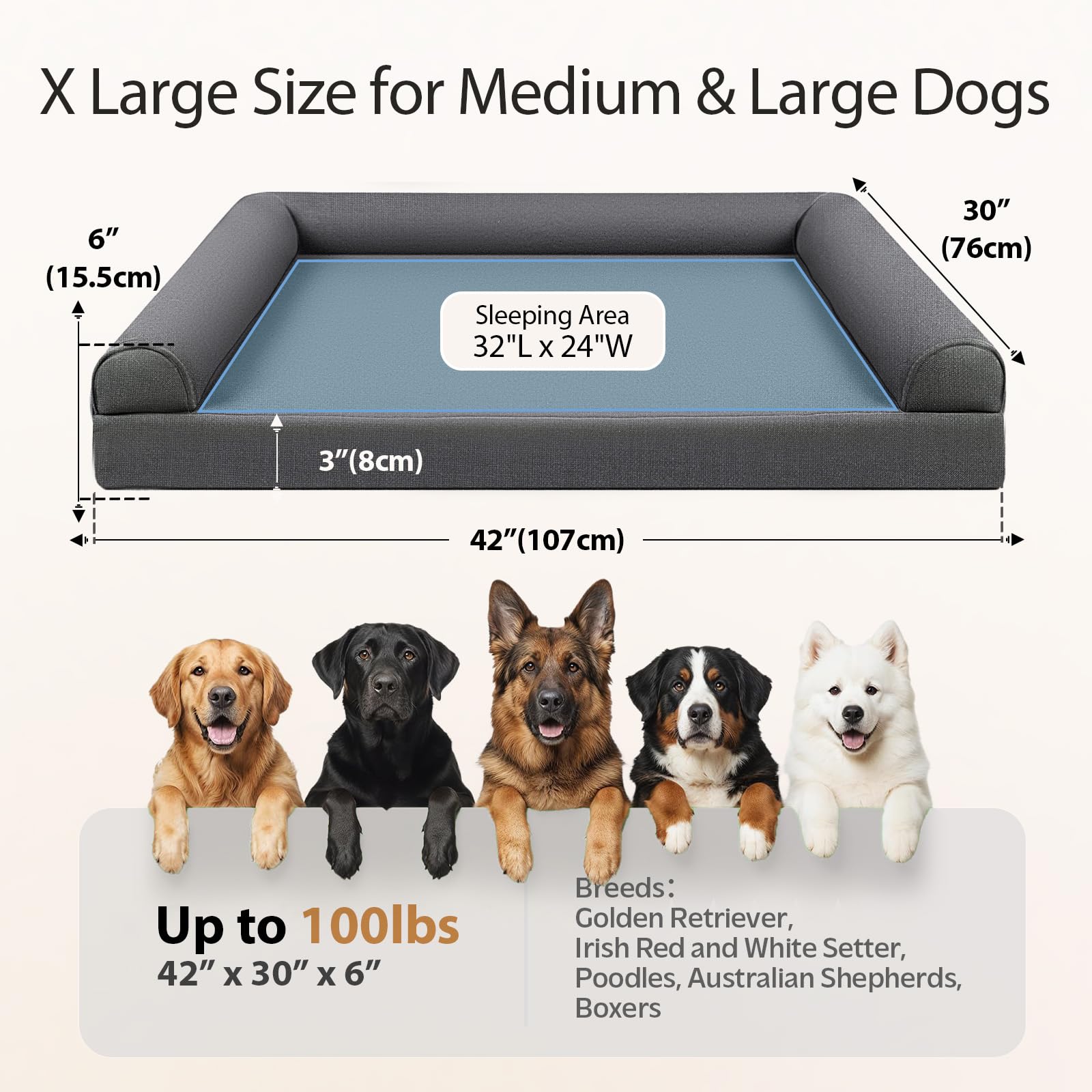 Sytopia 42in Dog Beds for Large Sized Dogs, Waterproof Egg Crate Foam XL Orthopedic Pet Bed with Removable Washable Cover,chew-Proof, Non-Slip Bottom, Supports up to 100 lbs for Old Pet, Dark Gray - image 3