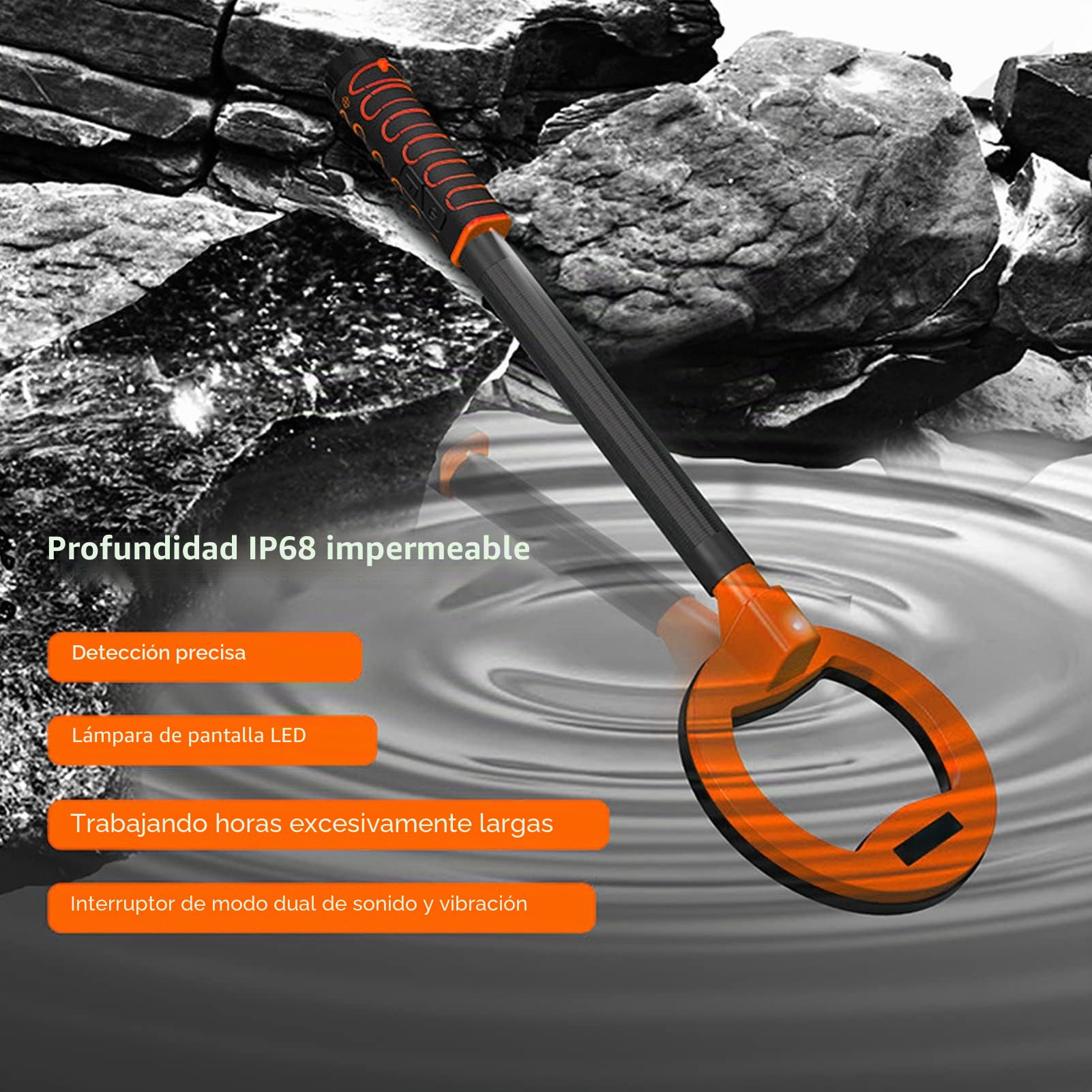 Detector de Metales de Mano Recargable, Detector de Búsqueda de Tesoros Submarinos, IP68 a Prueba de Agua, con Alarmas Audibles y Vibratorias, para Buceo (Naranja)