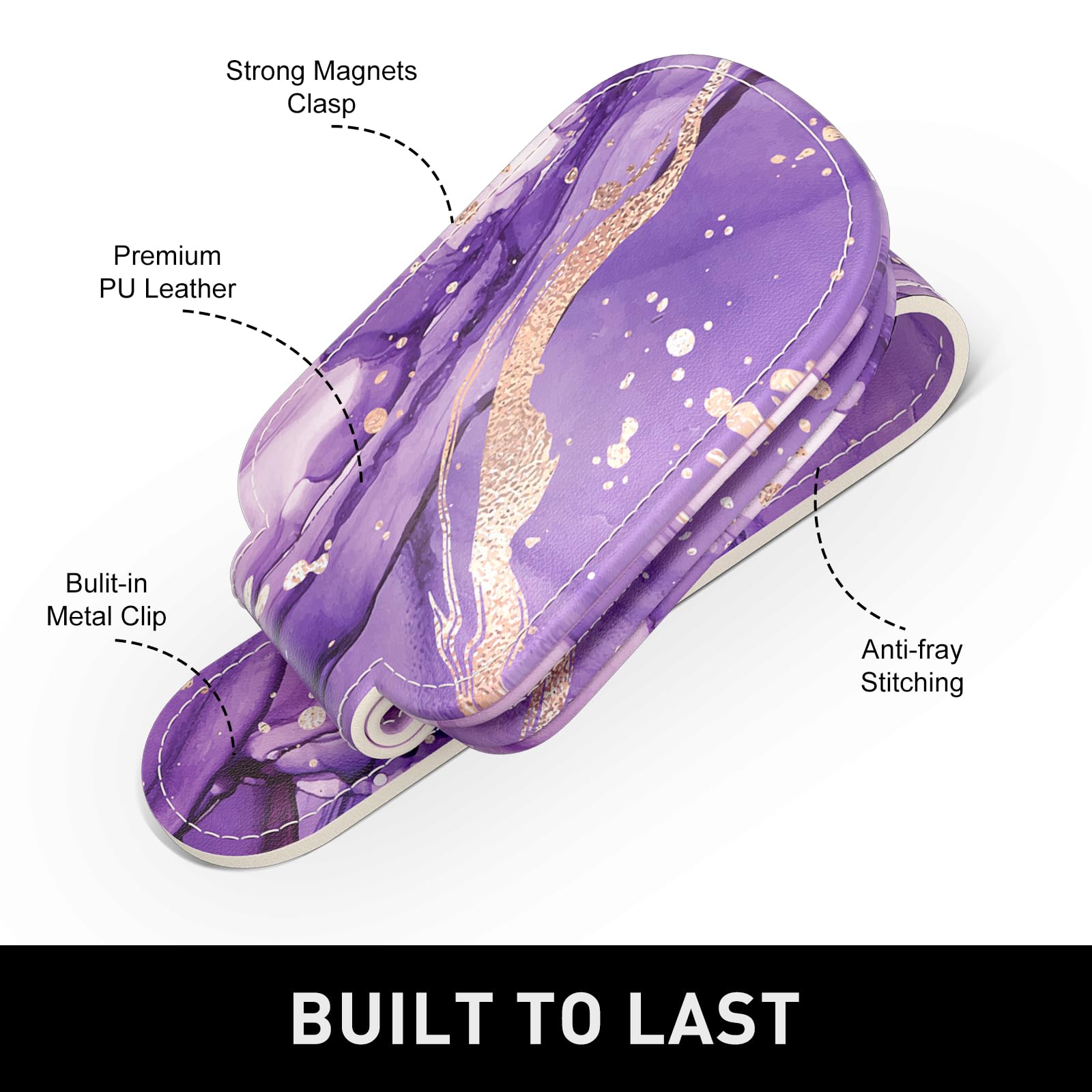 NPOOYI Sunglasses Holder for Car Visor, Magnetic Leather Sunglass Holder, Sun Visor Glasses Hanger Clip, Car Interior Accessories for Women Men, Fits All Size Eyeglasses, Purple Marble