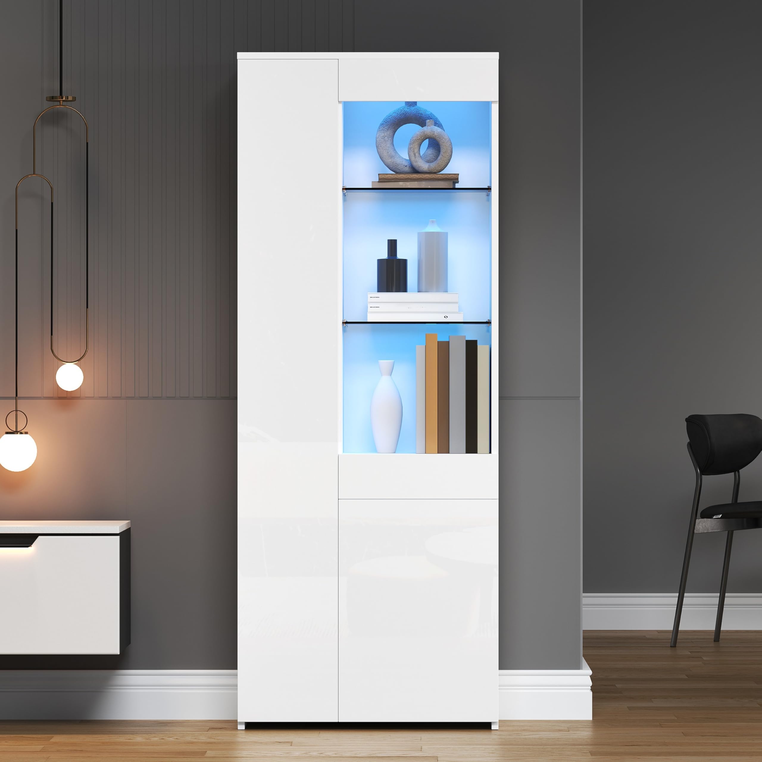 Vitrina blanca brillante con LED – 70 x 35 x 180 cm – Moderna vitrina de cristal con cajón – vitrina de pie y tablero alto para salón – Armario alto con compartimentos abiertos