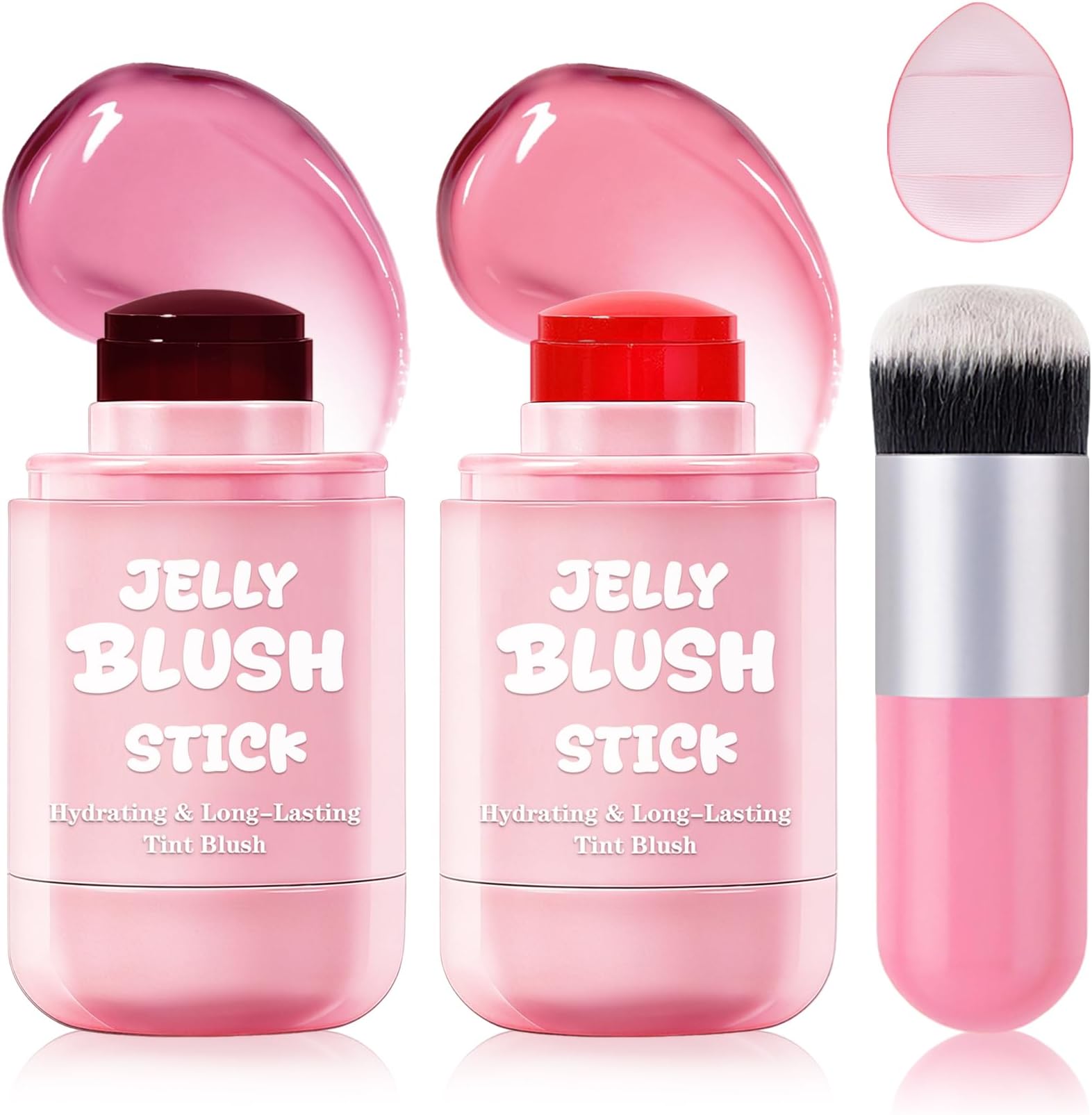 2PCS Jelly Blush Stick for Cheeks,Multi-use Cooling Water Jelly Tint Stick for Cheeks,Lips & Eyes,Moisturizing,Lightweight,Sheer & Buildable Lip Tint + Blush（01 Nude Red + 02 Soft Pink）
