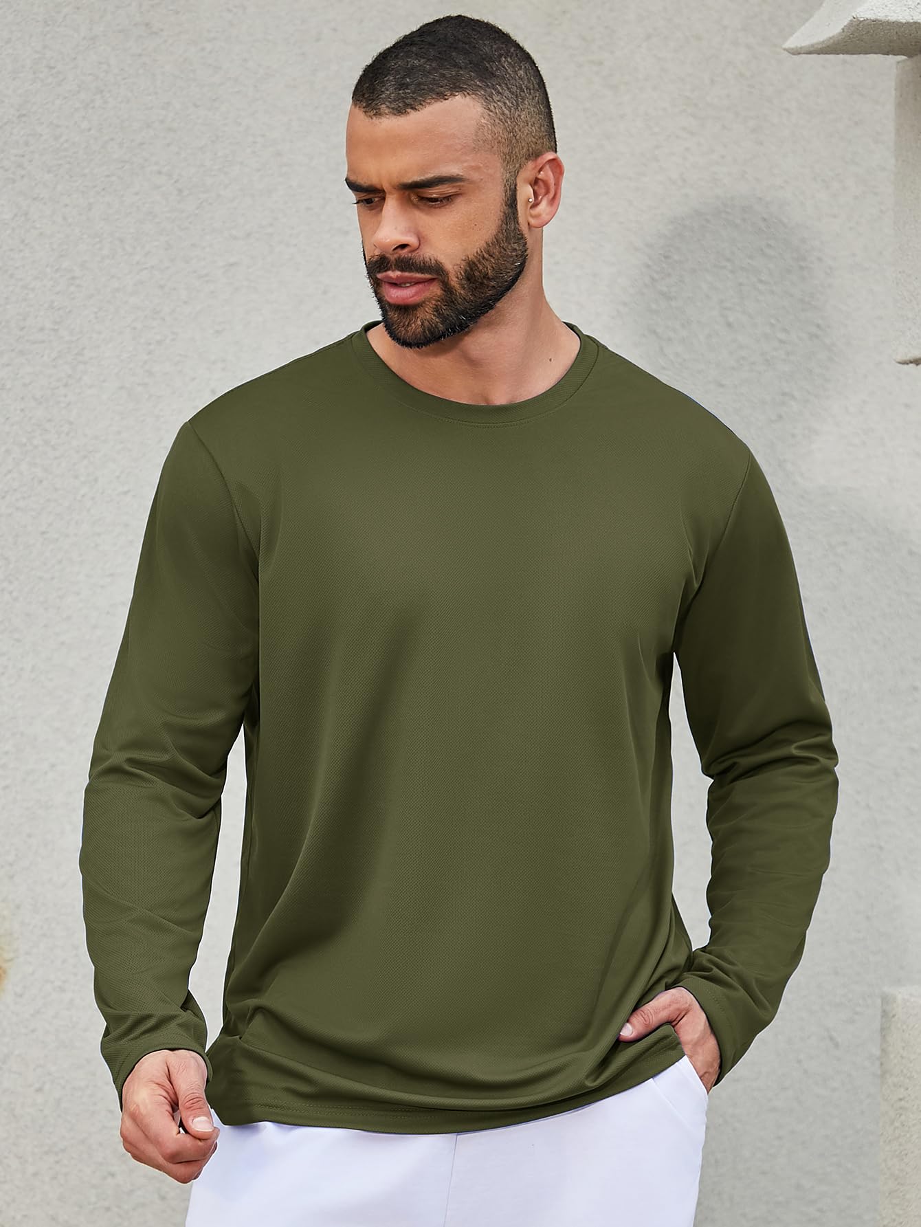 Facitisu Camiseta de manga larga para hombre, informal, cuello redondo, suave, para correr, natación, ciclismo, pesca