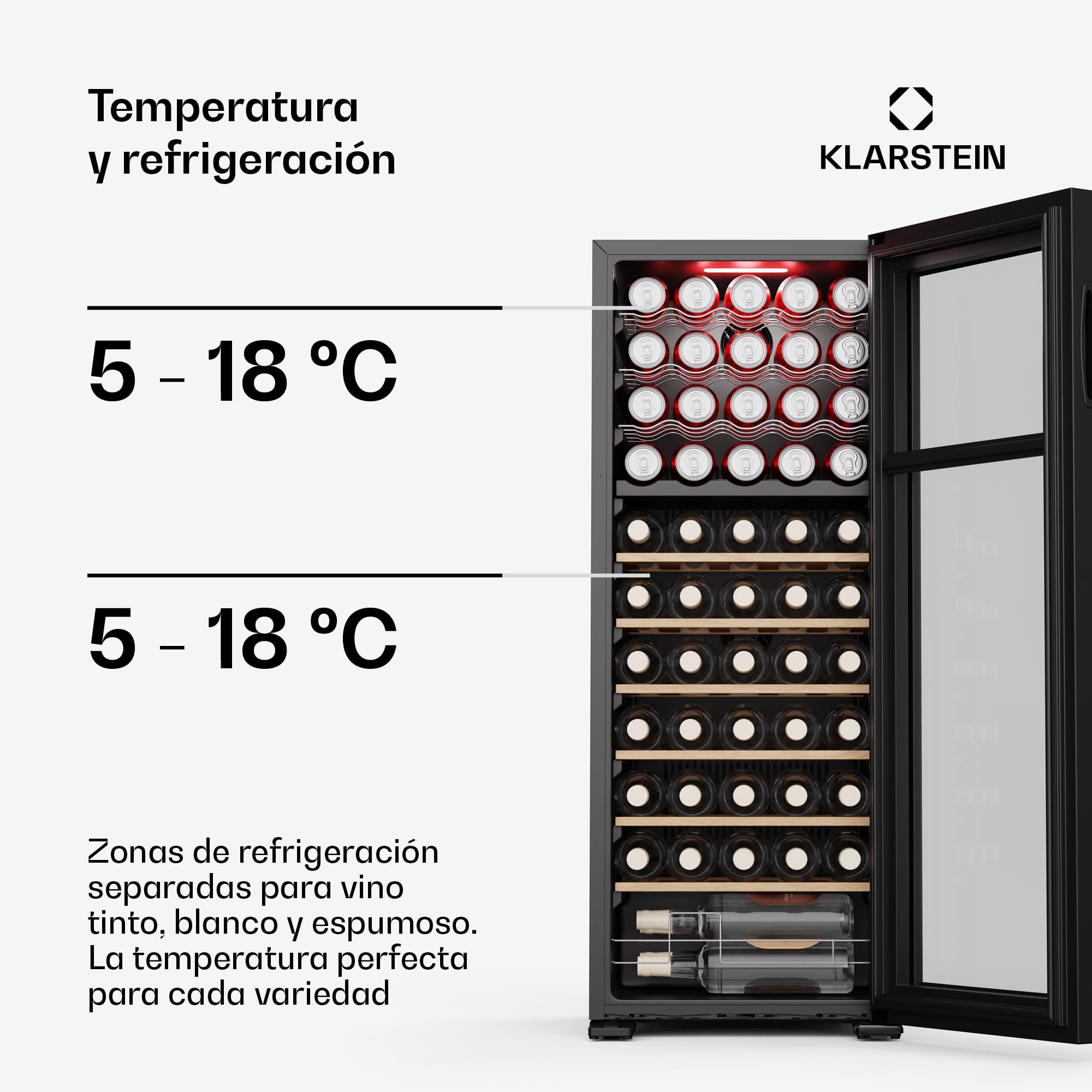 Klarstein Bovella 55 duo+ vinoteca - 55 botellas, 2 zonas, 5-18°c, control táctil, iluminación led, protección uv, independiente, nevera vinos