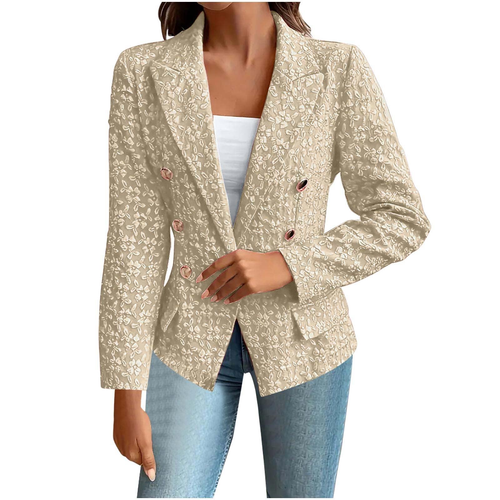 Double Breasted Blazers for Women Long Sleeve Tweed Suit Jackets Gold Button Work Office Tops Fashion Shirts