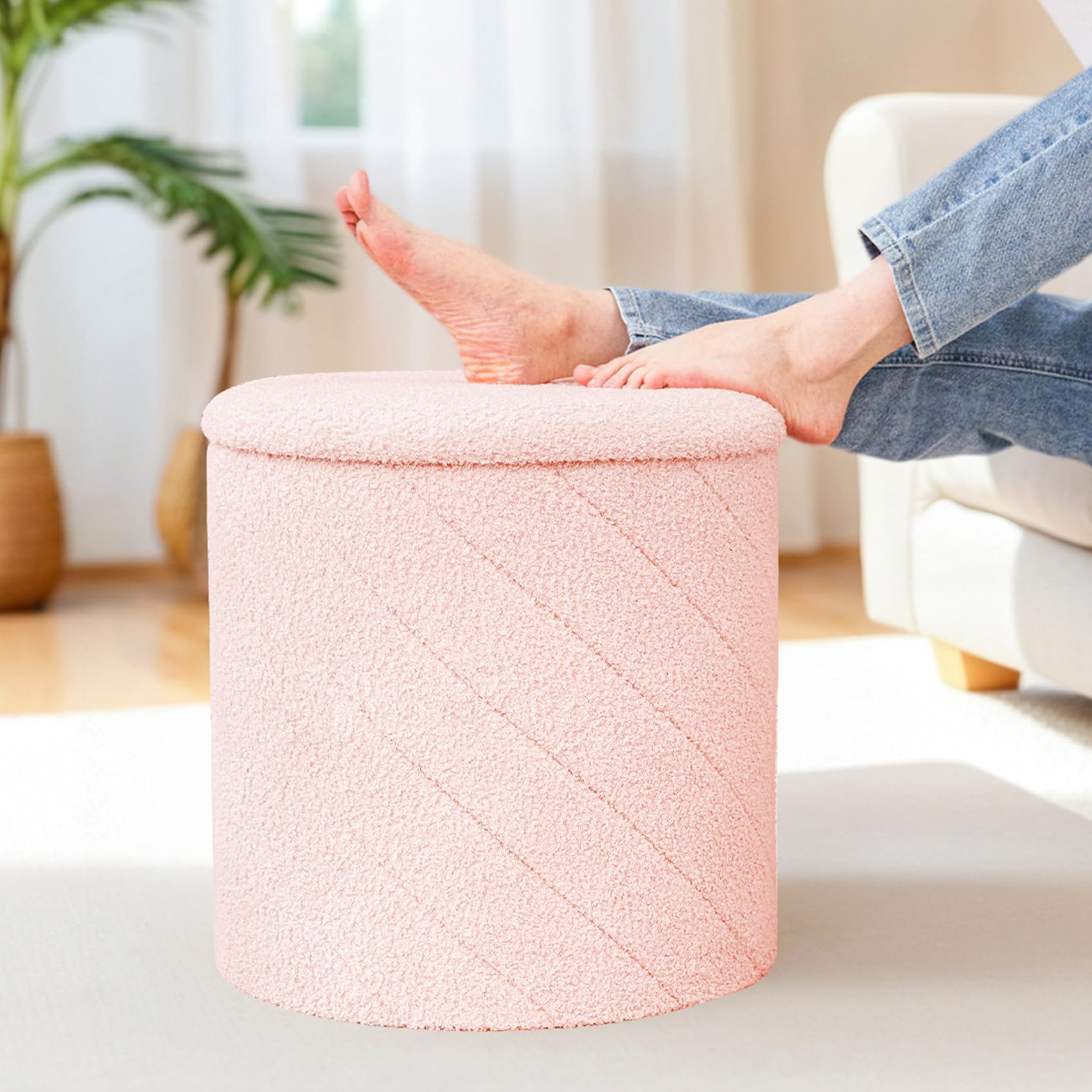 PINPLUS Puff Almacenaje Plegable con Tapa Reversible, Taburete Otomano Redondo Teddy Bouclé, Reposapiés para Salón o Dormitorio, Ø 43 x 45 cm, Rosa