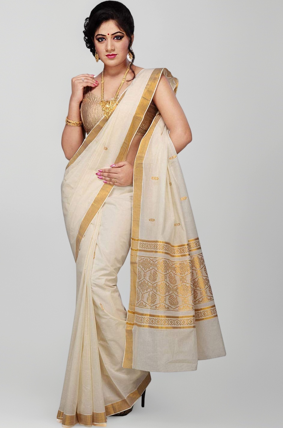 Women's Selvamani Tex Cotton Kerala Kasavu Zari Saree With Blouse, Off white
