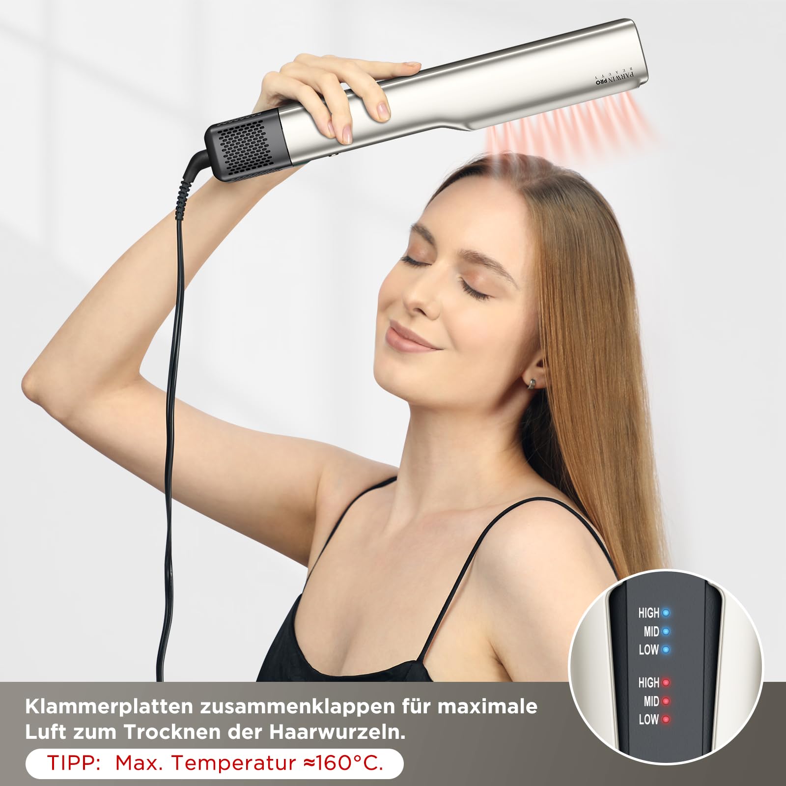 Plancha de aire, plancha de aire iónico PARWIN PRO BEAUTY, mojado en seco, sin placas calefactoras, sin daños térmicos, alisador de aire, para cabello largo y cabello largo (35-75cm)