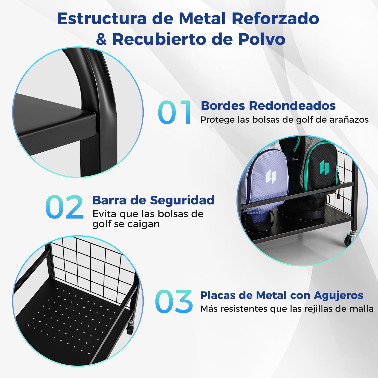 COSTWAY Organizador de Almacenamiento para Palos de Golf, 3 Estantes y 1 Cesta, Estante de Almacenaje con Ruedas Extraíbles para 2 Bolsas de Golf，6 Ganchos para Accesorios de Equipos de Golf