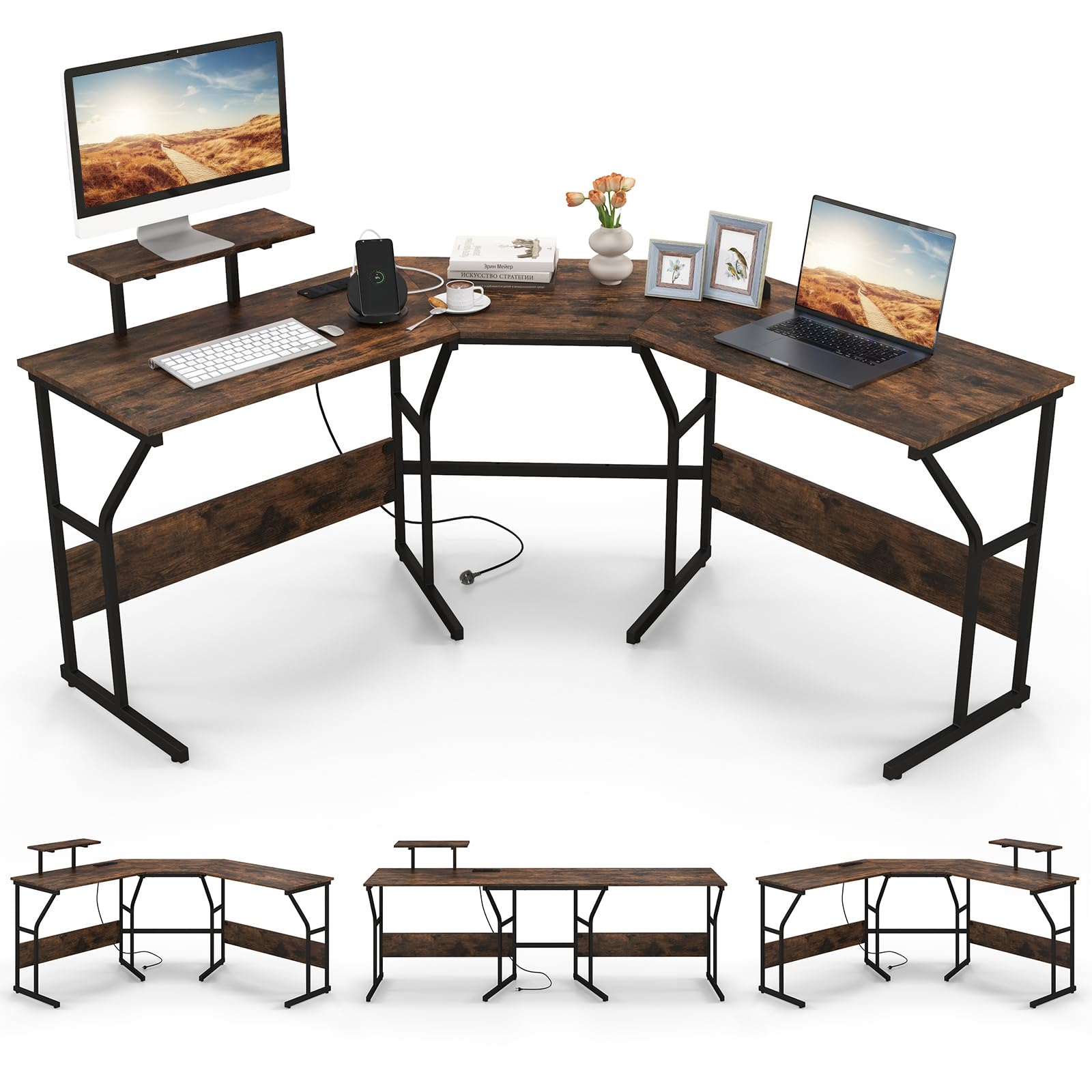 COSTWAY L-Shaped Computer Desk, 225cm Convertible Double Study Writing Workstation with Movable Monitor Stand, Corner Home Office Desk PC Laptop Gaming Table for 2 Person (Rustic Brown)