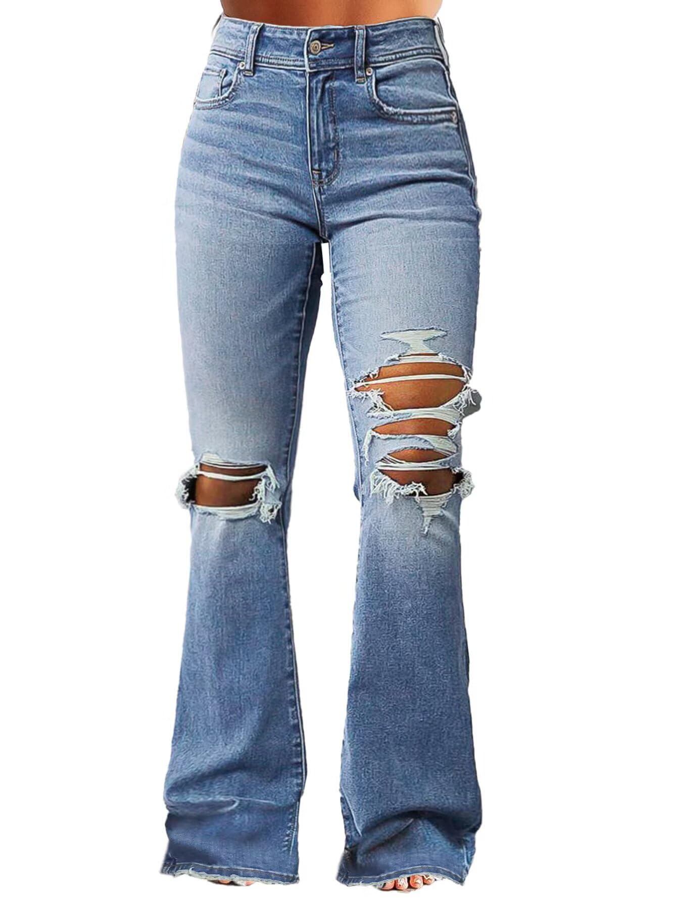 Flamingals Women's Bell Bottom Jeans Flared Ripped Stretchy Mid Rise Cut Out Distressed Denim Bootcut Jeans