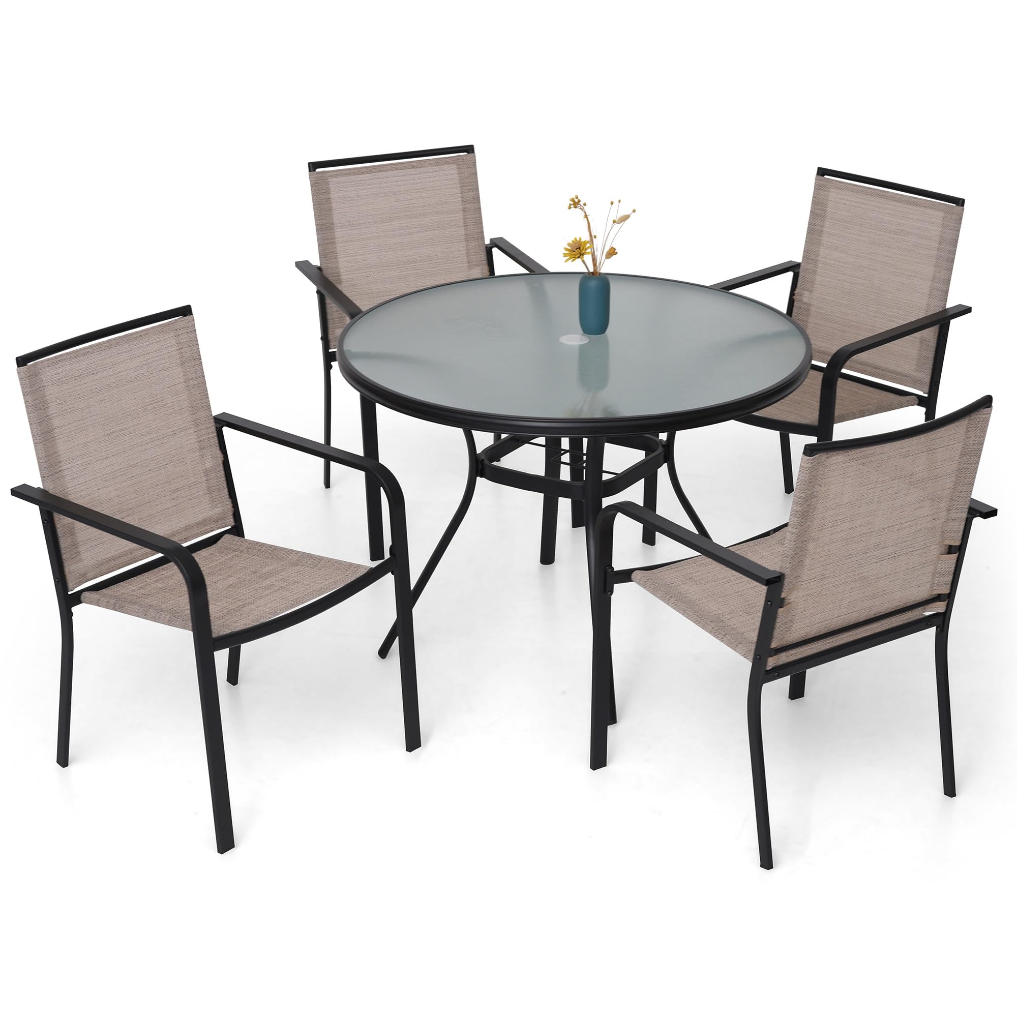 5-Piece Outdoor Patio Dining Set, 40-Inch Round Glass Table with 4 Stackable Chairs,Beige Grey