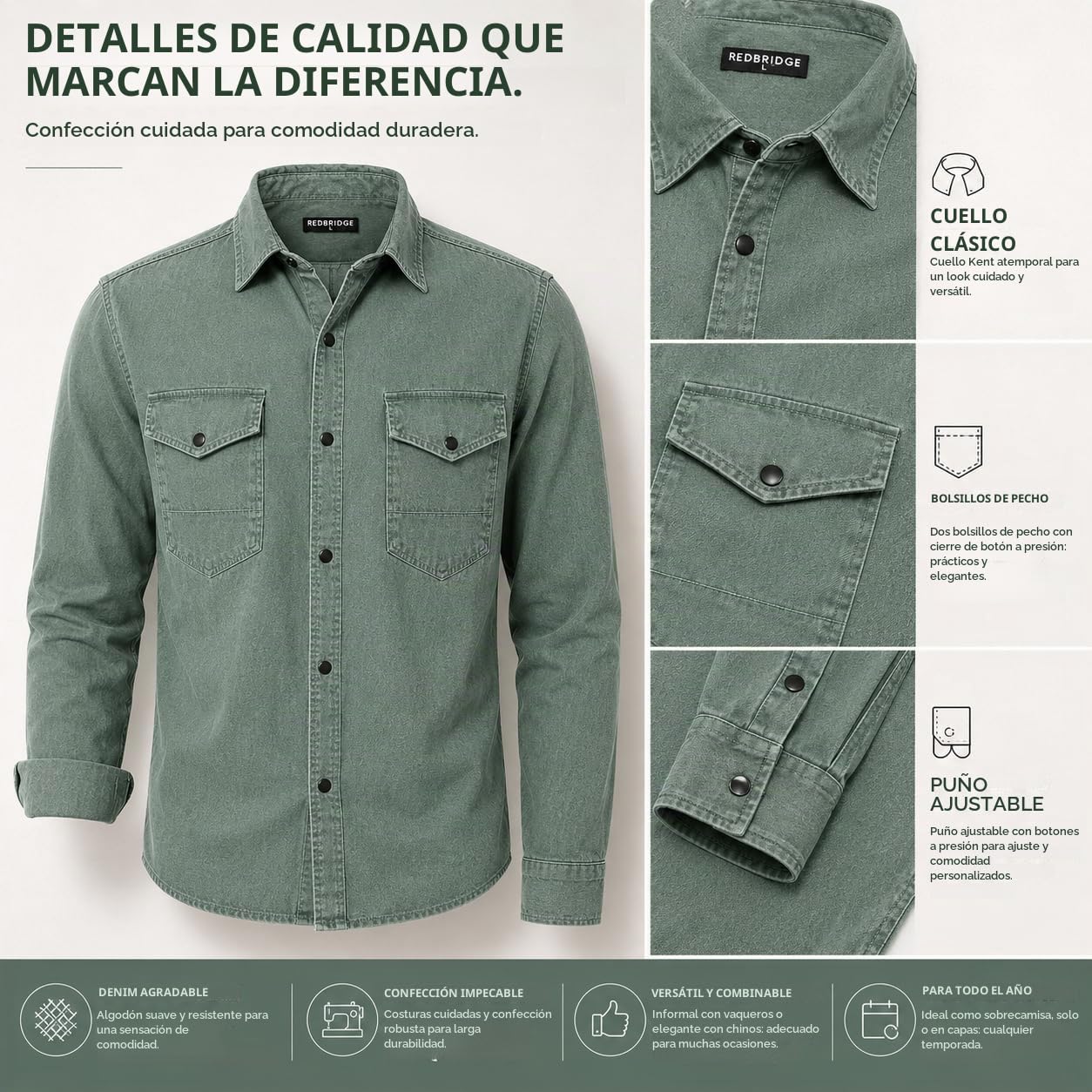 Red Bridge Camisa vaquera para hombre, informal, con bolsillo en el pecho