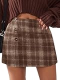 Womens Faux Wool Plaid Mini Skirt Elastic High Waisted Tweed Skirts Button Bodycon Skirt Fall Winter Outfit Pocket
