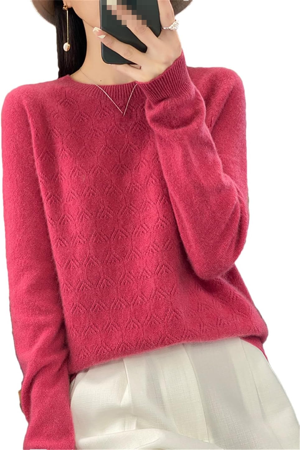 Women Spring Wool Sweater O-Neck Long Sleeve Hollow Out Knitted Pullover