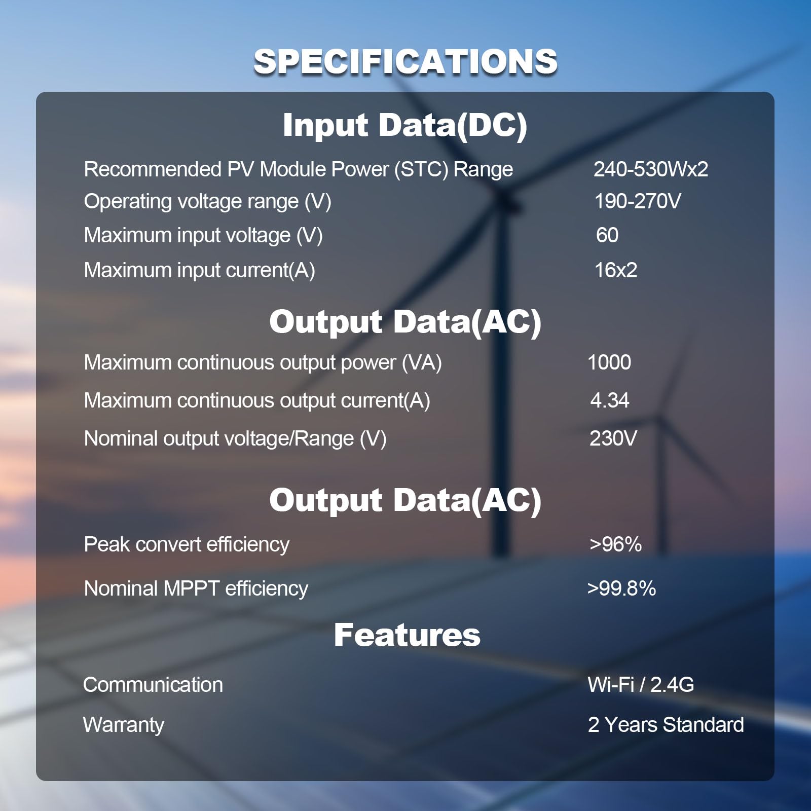 Mikro Wechselrichter 1000w-2MPPT，Wechselrichter für balkonkraftwerk mit WLAN,IP67 wasserdicht，mit 5m AC Kabel für Solar Inverter,App Steuerung,Plug Play