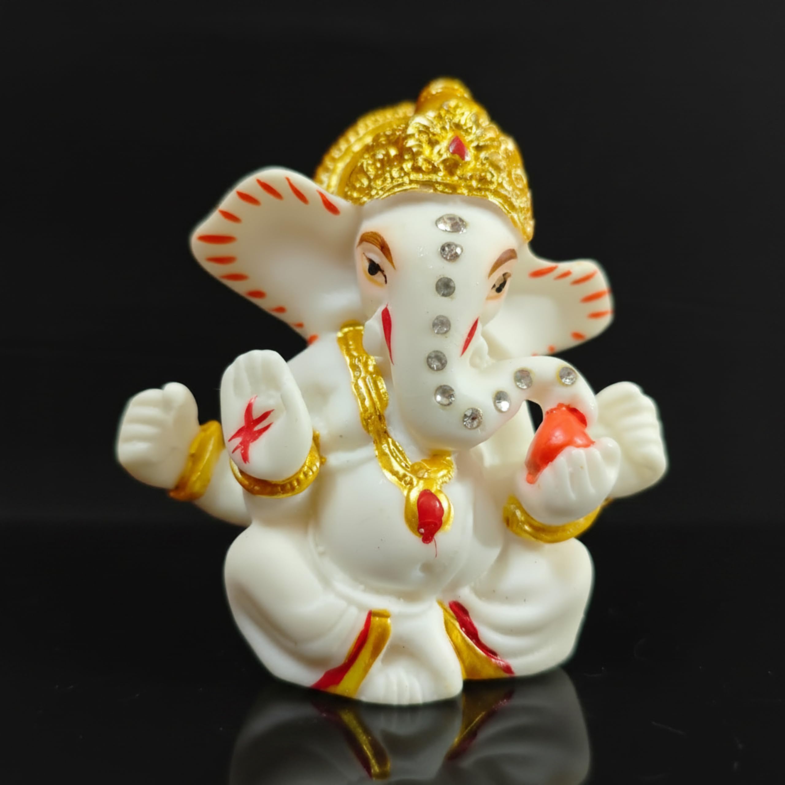 Classic White & Gold Ganesha Idol with Stone Work, 7.5 CM | Car Dashboard Idol, Home Altar Decor, Handcrafted Figurine, 5.5 CM Wide, Festive Gifting-image-29