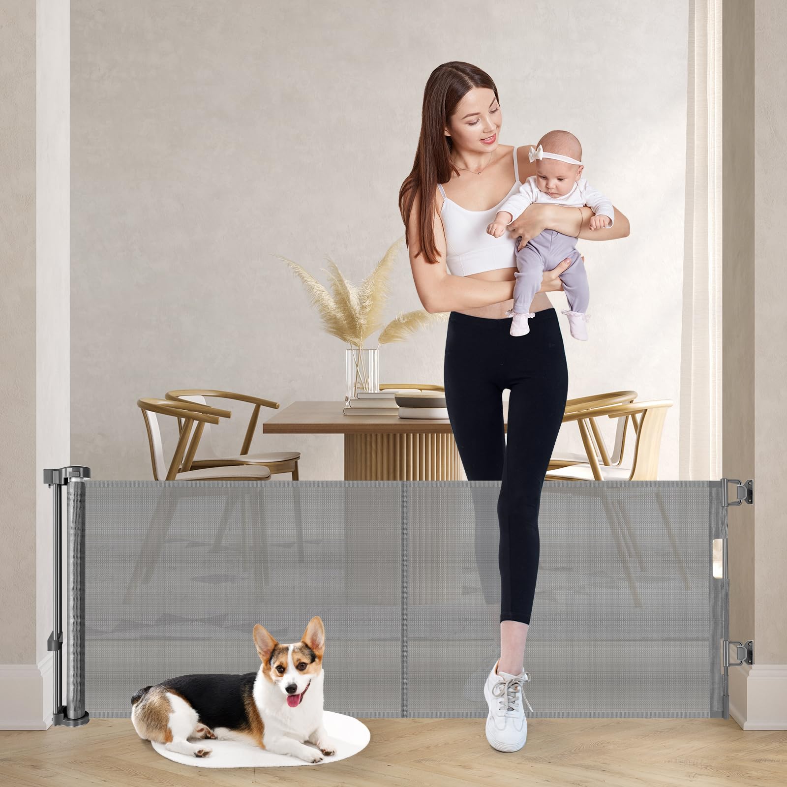 Reinforced 24 Inch Tall Retractable Baby Gates, Short Dog Gates to Step Over, Expands 0-55 Inches Wide, Mesh Pet Gate with Support Rods, Small Puppy