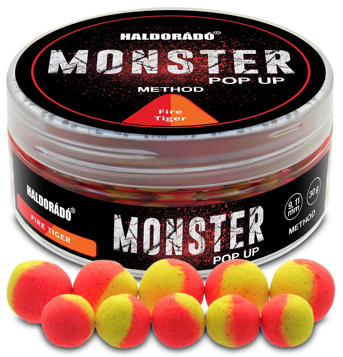 Haldorádó Monster Pop Up Method Fire Tiger, Floating Fishing Boilies, Black Pepper and Peach Flavour, Red and Yellow, 9-11mm, 30g