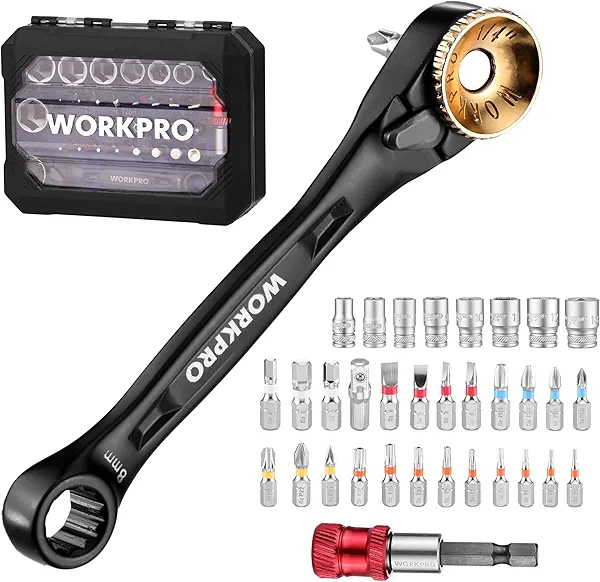 WORKPRO 34-Piece 1/4" Mini Ratchet Wrench, 72-Tooth, Right Angle Screwdriver Mens Gifts, 90 Degree Offset Ratcheting Screwdriver Pocket Mini Low Profile Ratchet Wrench Bit Socket Set for Tight Space