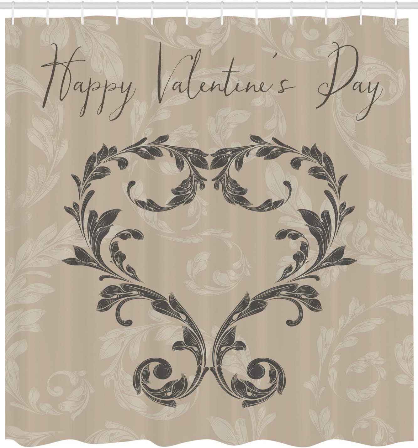 Ambesonne Taupe Shower Curtain, Happy Valentine's Day Hand Writing Laurel Leaves Forming a Heart Victorian, Cloth Fabric Bathroom Decor Set with Hooks, 69" W x 70" L, Taupe Tan