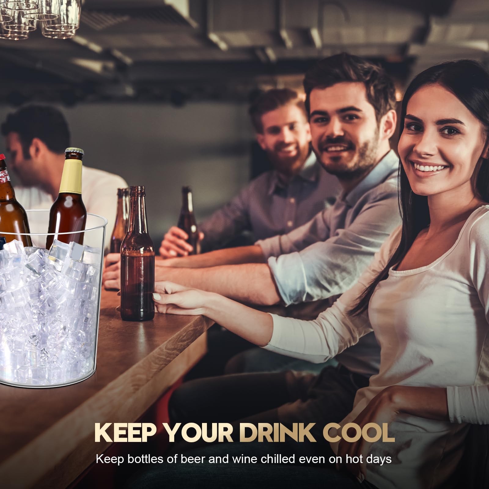18 cubos de hielo de plástico para fiestas, enfriador de botellas de vino transparente de 5 litros con asas, tina redonda para bebidas con cuchara de hielo de plástico y pinzas de plástico para 6