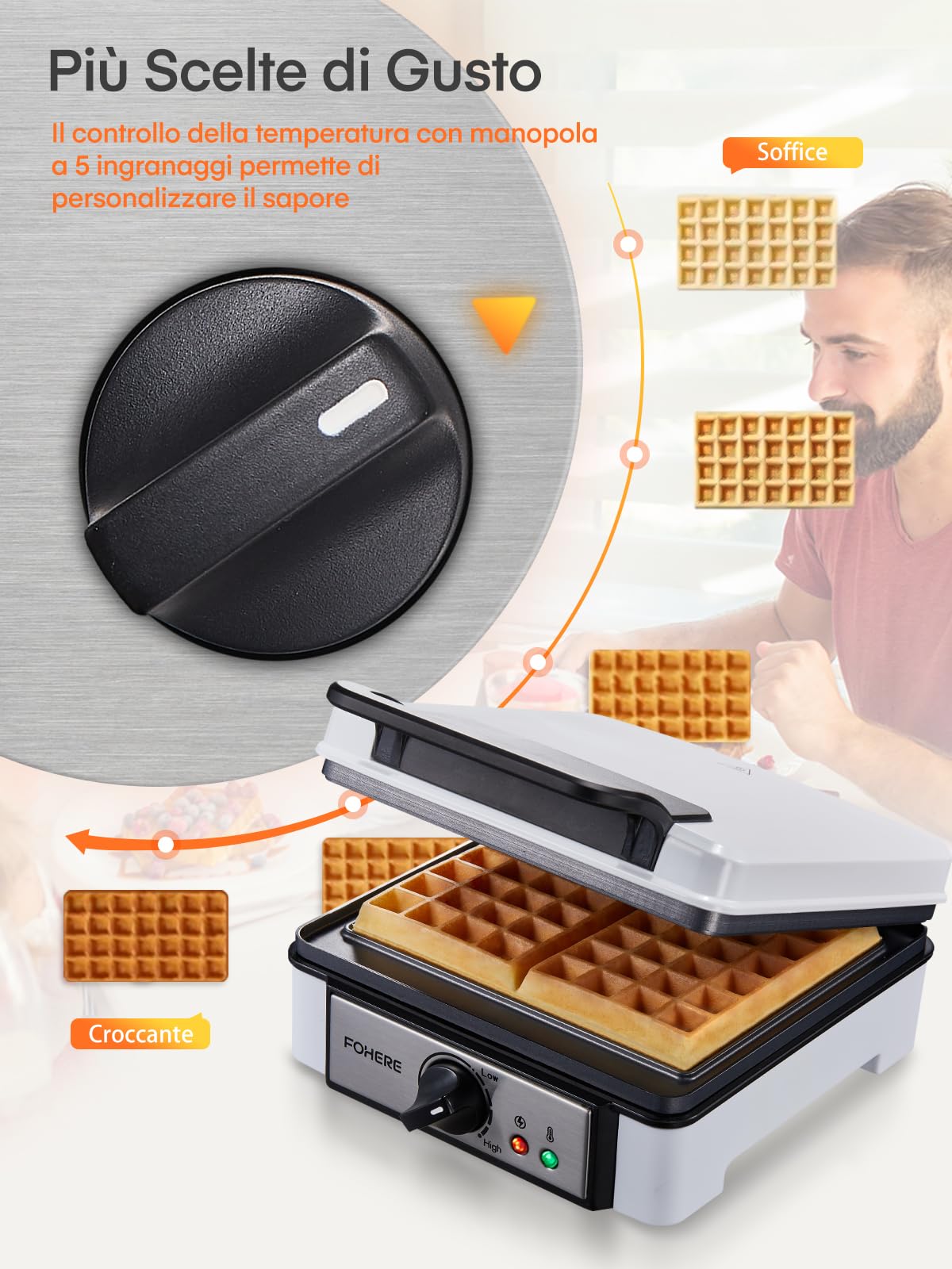 FOHERE Macchina per Waffle Doppia, Temperatura Regolabile, Rivestimento Antiaderente, Piastra Waffle Elettrica, Waffle Maker a 2 Fette, Manico a Tocco Freddo, Piastra per Waffle 1200 W