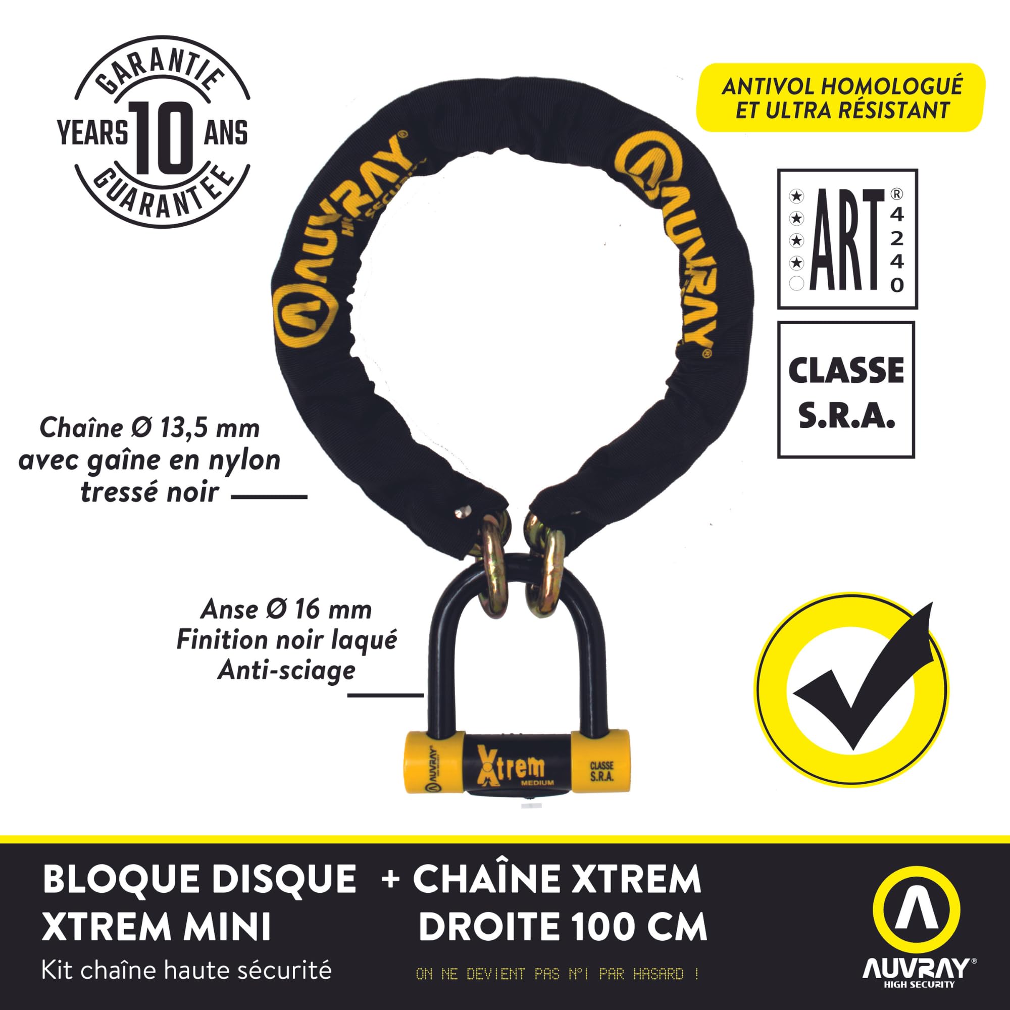 AUVRAY Chaîne et Bloque-Disque Moto U XTREM homologué SRA – Anse Acier Trempé 18 mm – Double Verrouillage Sécurisé – 3 Clés – Haute Sécurité 110 x 310 mm