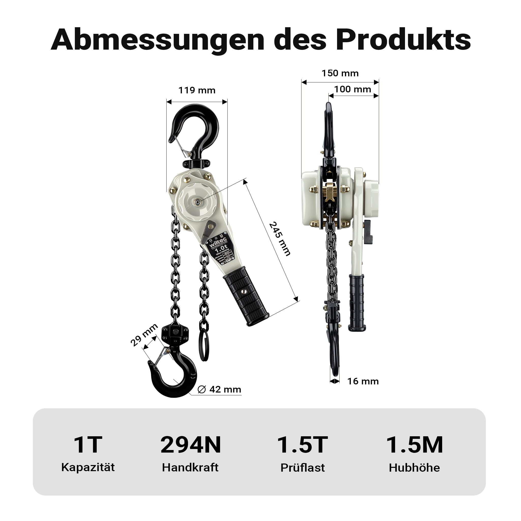 Wiltec Hebelzug 1 t x 1,5 m, Kettenzug 360° Drehgriff, kompaktes Hebezeug
