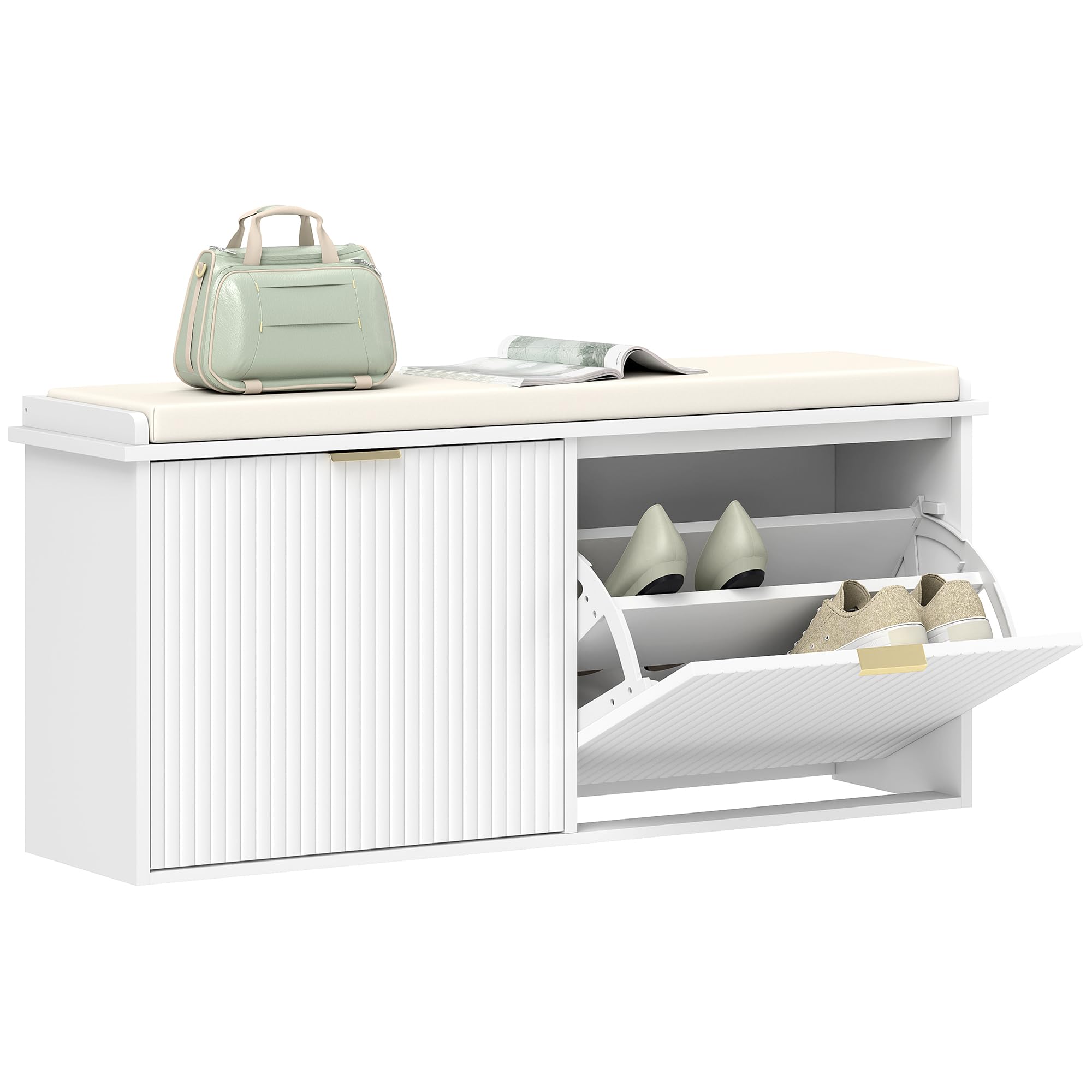 Homcom Unisex White Shoe Storage Bench With Cushion And Flip-Drawer 104X26x47.5cm In