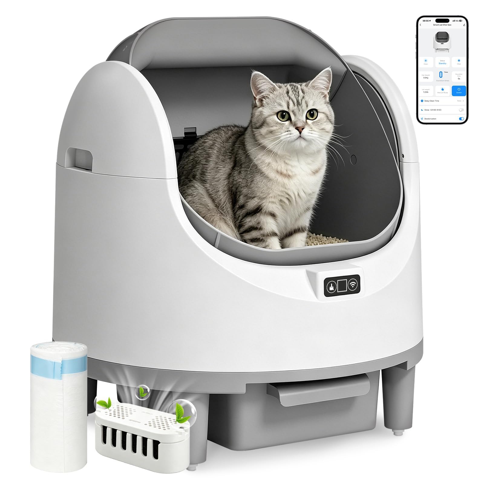 Selbstreinigende Katzentoilette,XXL Katzenklo,mit App-Steuerung | Oben Offene Katzenklo Selbstreinigend,Geruchsbeseitigung,Sicherheitssensor,mit Müllbeutel,Aromabox,für Mehrere Katzen
