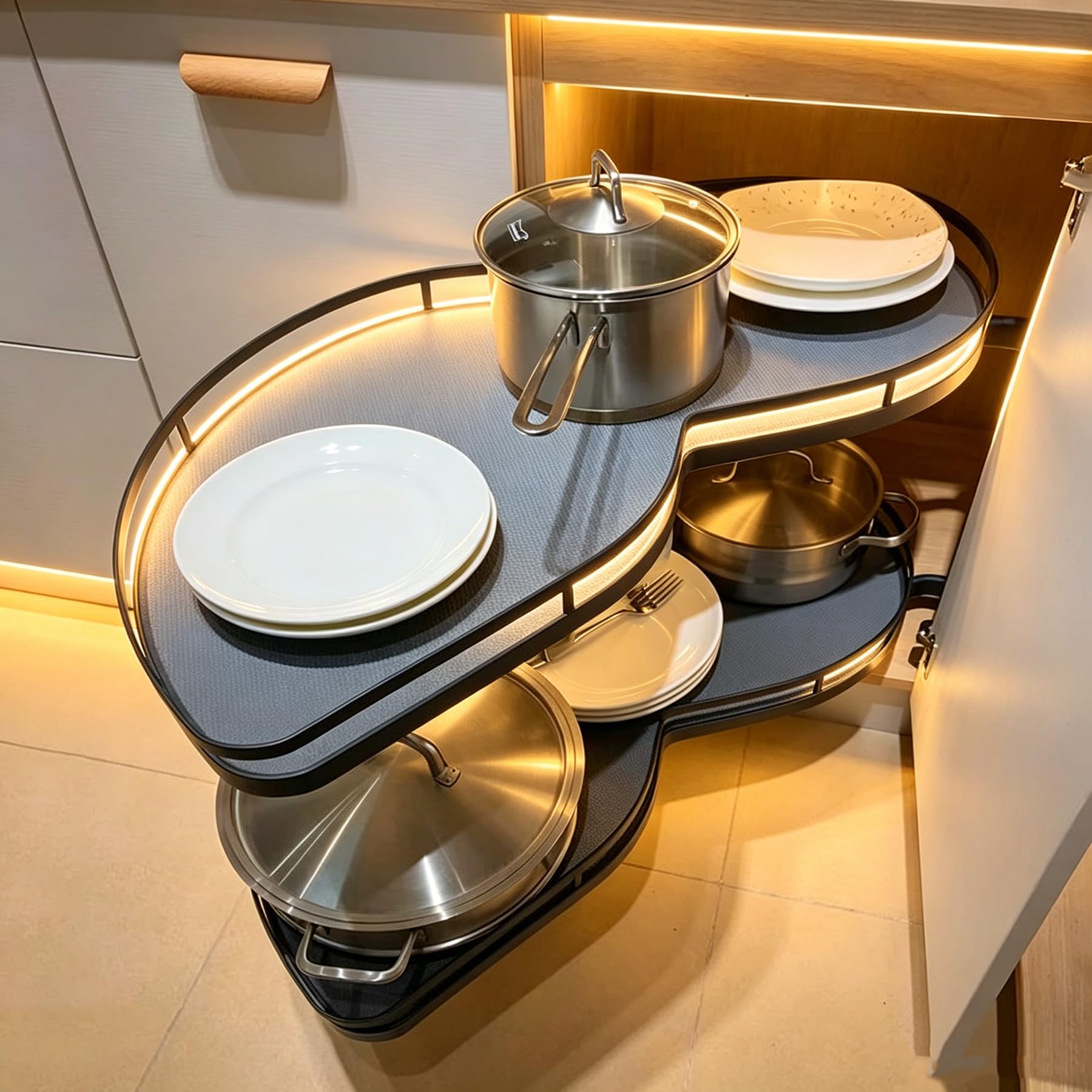 Rangement Pivotant Meuble Angle Cuisine Carrousel d'angle de Organisateur Coulissant d'angle Aveugle Rangement Coulissant, Rangement Placard Cuisine Meuble Angle Tiroir(sans Bande LED)